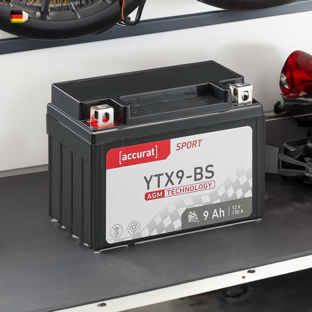 Accurat Motorradbatterie YTX9-BS - 12V, 9Ah, 130A, rüttelfest, wartungsfrei - Starterbatterie, AGM Batterie in Erstausrüsterqualität für Rasentraktor, Roller, Motorrad, Quad von Accurat