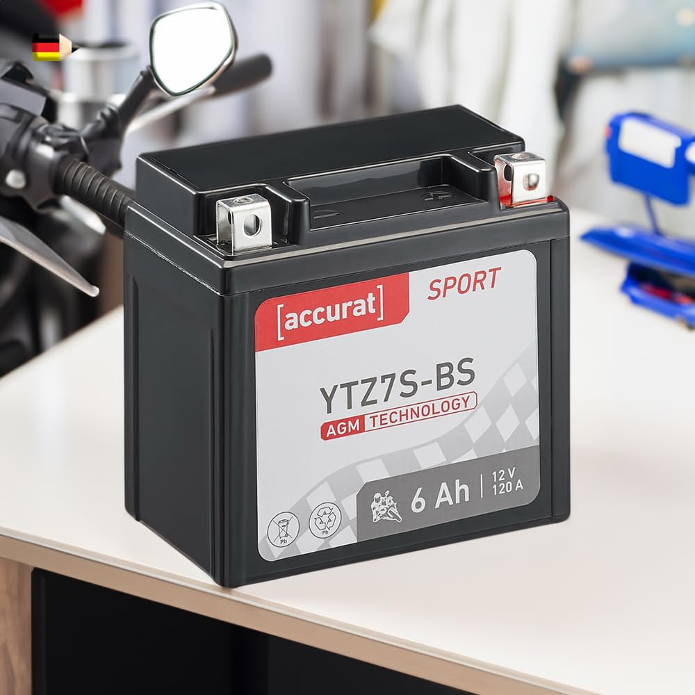 Accurat Motorradbatterie YTZ7S-BS - 12V, 6Ah, 120A, rüttelfest, wartungsfrei - Starterbatterie, AGM Batterie in Erstausrüsterqualität für Rasentraktor, Roller, Motorrad, Quad von Accurat