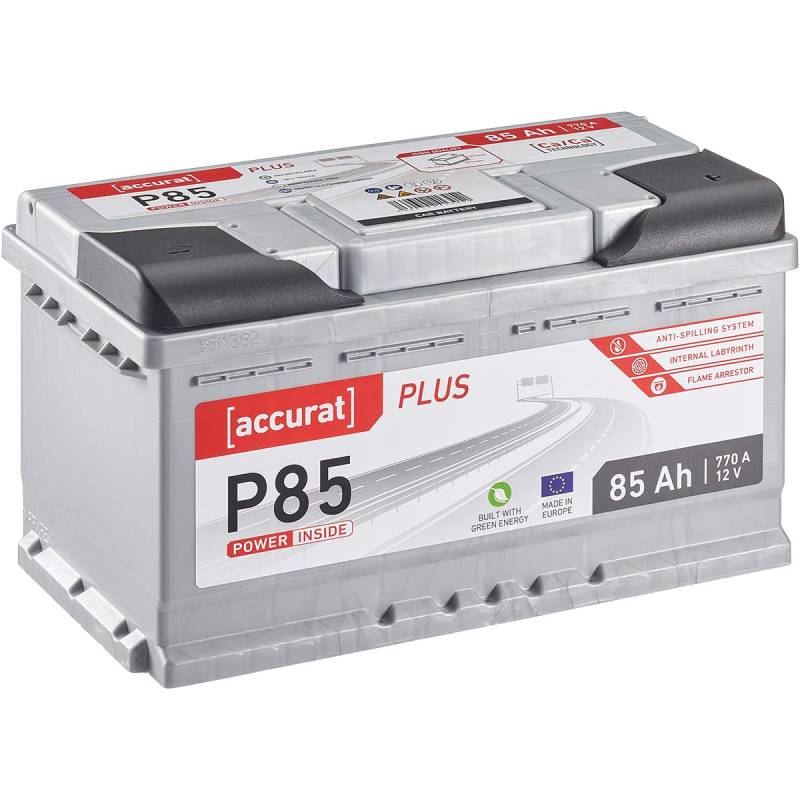 Accurat Plus P85 Autobatterie - 12V, 85Ah, 770A, zyklenfest, wartungsfrei, 35% mehr Startleistung, Ca-Technologie, Kaltstartkraft - Starterbatterie, Nassbatterie, Blei-Säure Batterie von Accurat