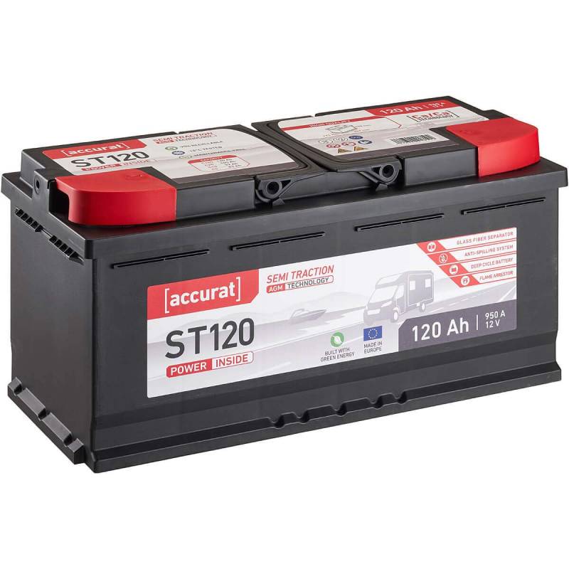 Accurat Semi Traction ST120 AGM Batterie - 12V, 120Ah, zyklenfest, bis 30% mehr Kapazität - VRLA Versorgungsbatterie, Bootsbatterie, Solarbatterie, Aufbaubatterie für Wohnwagen, Wohnmobil, Camper von Accurat