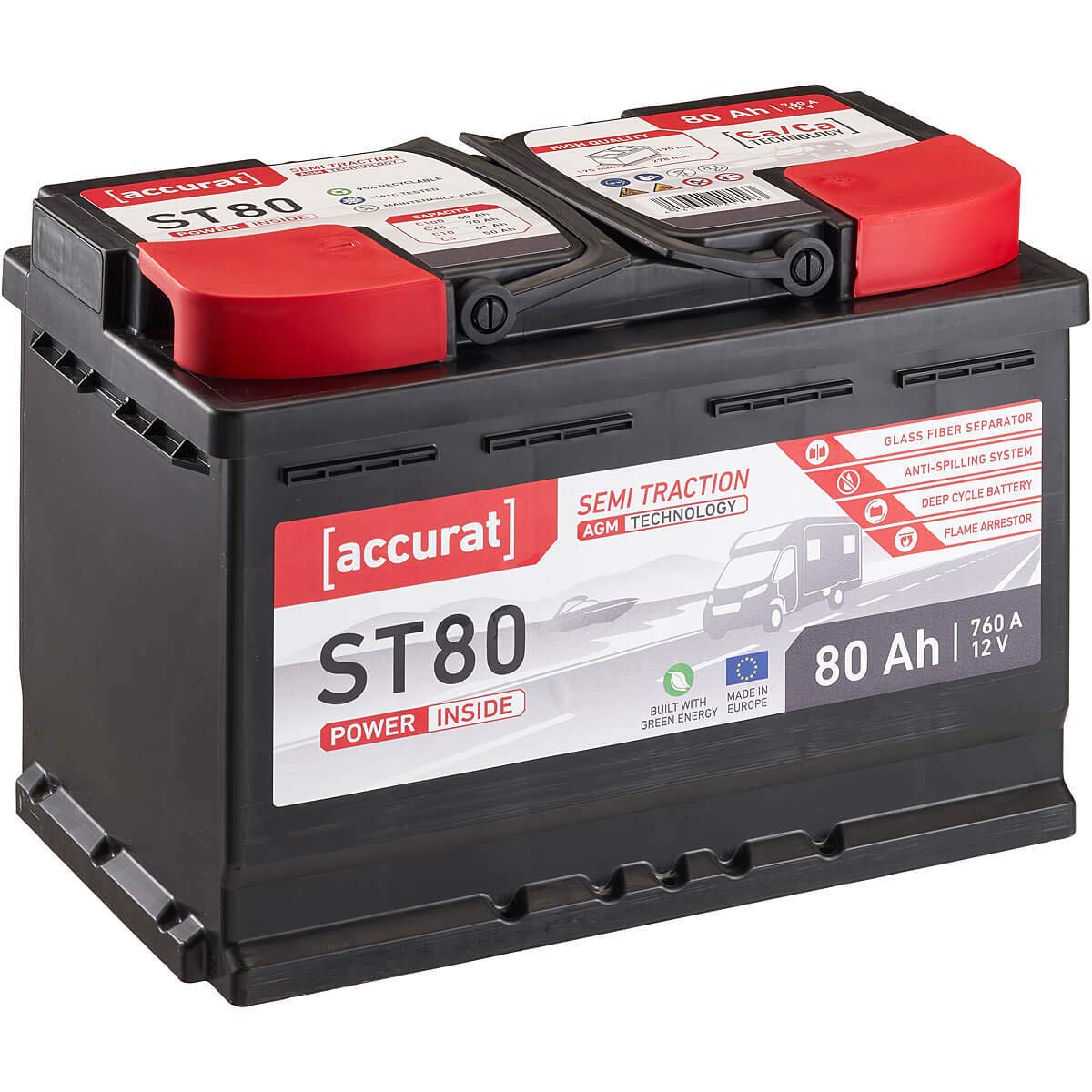 Accurat Semi Traction ST80 AGM Batterie - 12V, 80Ah, zyklenfest, bis 30% mehr Kapazität - VRLA Versorgungsbatterie, Bootsbatterie, Solarbatterie, Aufbaubatterie für Wohnwagen, Wohnmobil, Camper von Accurat