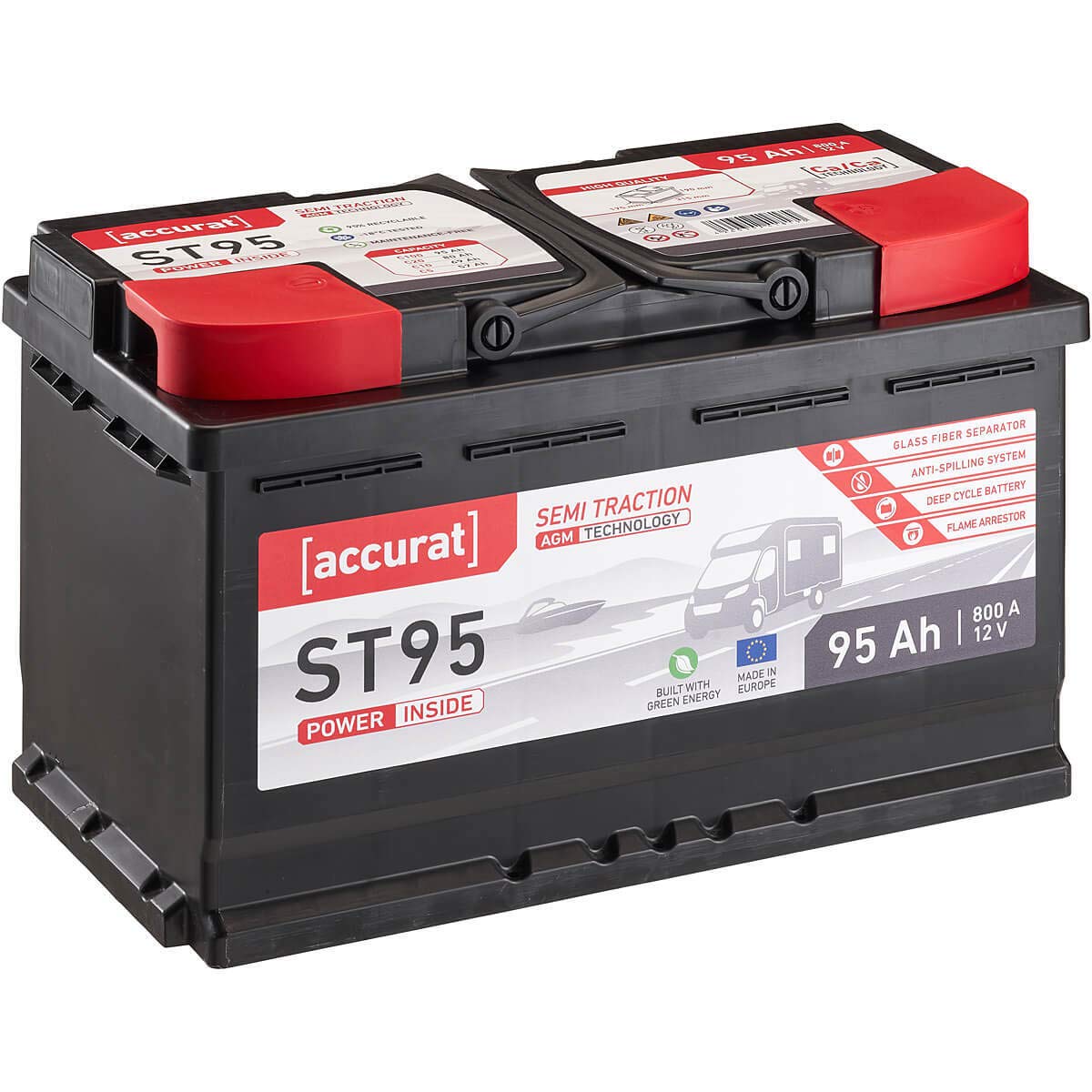 Accurat Semi Traction ST95 AGM Batterie - 12V, 95Ah, zyklenfest, bis 30% mehr Kapazität - VRLA Versorgungsbatterie, Bootsbatterie, Solarbatterie, Aufbaubatterie für Wohnwagen, Wohnmobil, Camper von Accurat