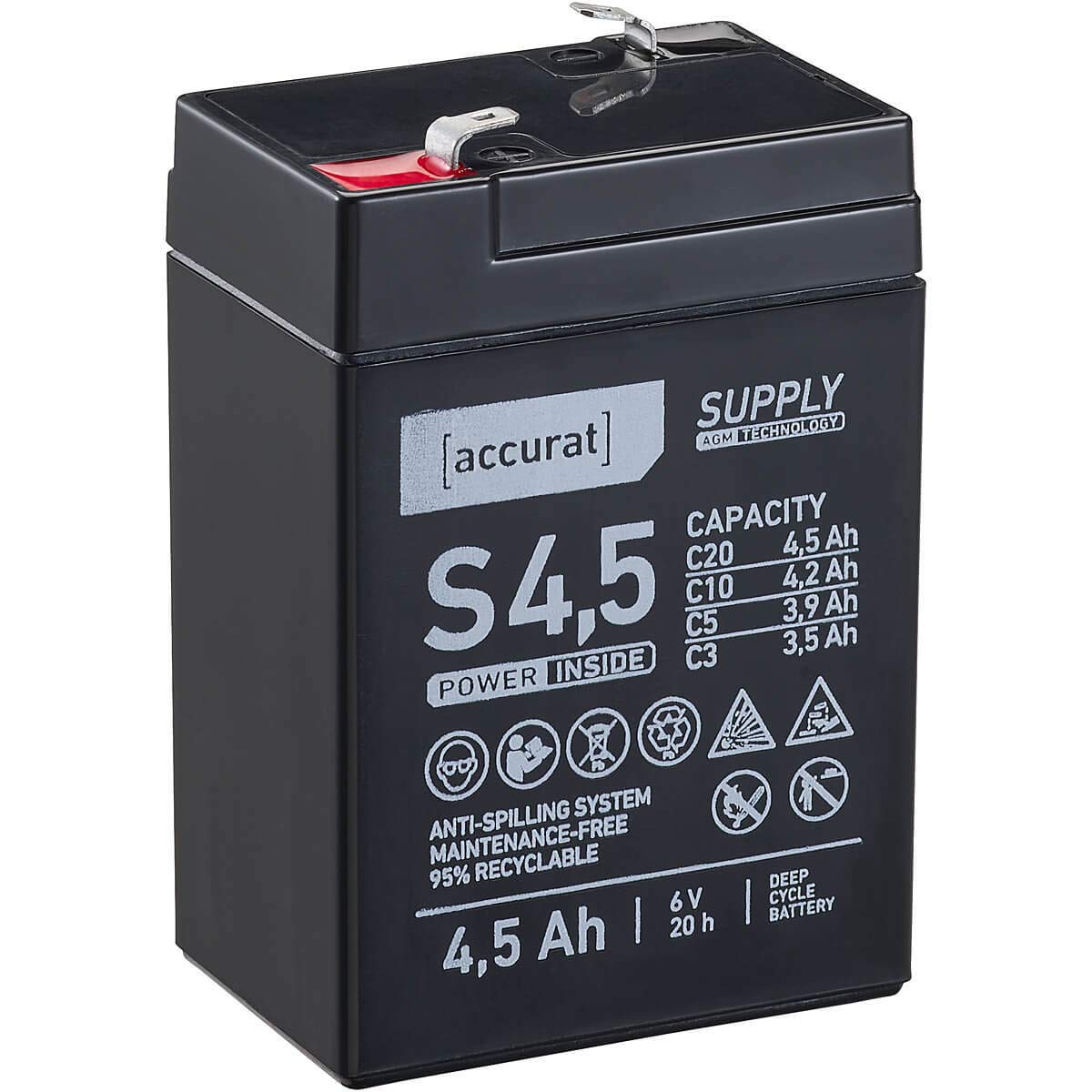 Accurat Supply AGM Solarbatterie S4,5-6V, 4,5Ah, 30% mehr Kapazität, zyklenfest- VRLA Versorgungsbatterie, Aufbaubatterie Wohnmobil, Wohnwagen Batterie, Bootsbatterie, Bleiakku für Camping von Accurat