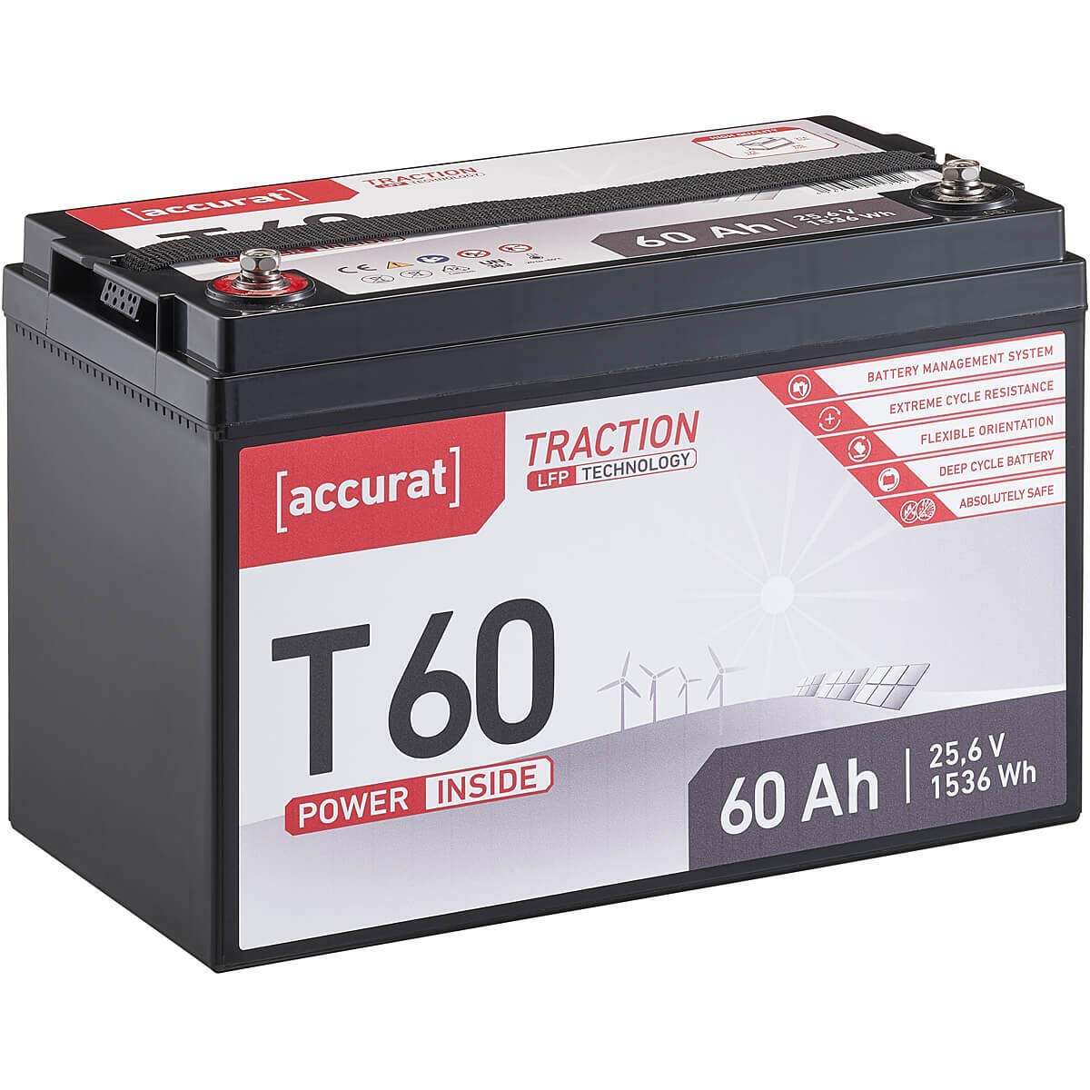 Accurat Traction LiFePO4 Batterie T60-24V, 60Ah - Lithium-Eisenphosphat Versorgungsbatterie, Bootsbatterie, Solarbatterie für Wohnwagen, Wohnmobil, Camper von Accurat