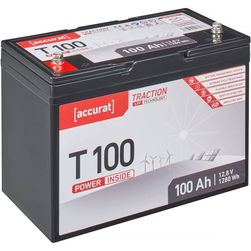 Accurat Traction LiFePO4 Batterie T100-12V, 100Ah - Lithium-Eisenphosphat Versorgungsbatterie, Bootsbatterie, Solarbatterie für Wohnwagen, Wohnmobil, Camper von Accurat