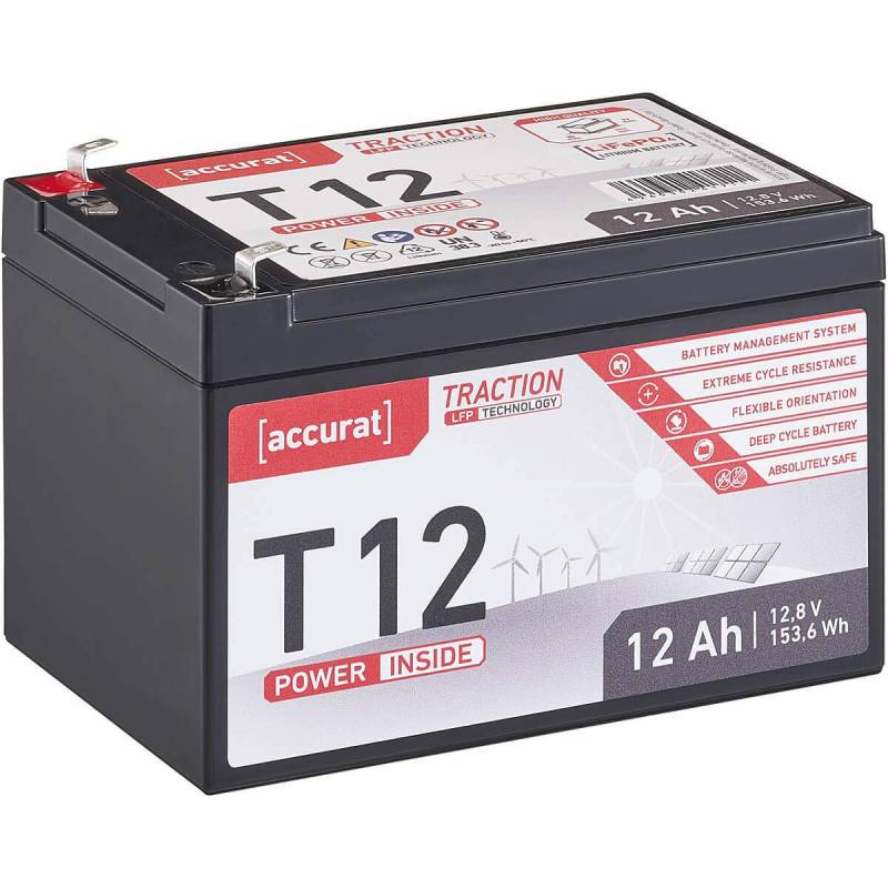 Accurat Traction LiFePO4 Batterie T12-12V, 12Ah - Lithium-Eisenphosphat Versorgungsbatterie, Bootsbatterie, Solarbatterie für Wohnwagen, Wohnmobil, Camper von Accurat