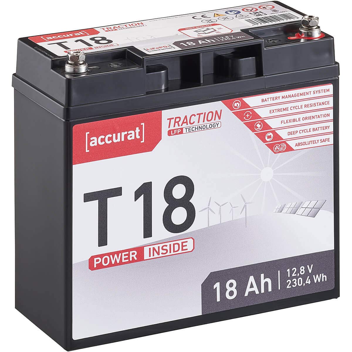 Accurat Traction LiFePO4 Batterie T18-12V, 18Ah - Lithium-Eisenphosphat Versorgungsbatterie, Bootsbatterie, Solarbatterie für Wohnwagen, Wohnmobil, Camper von Accurat