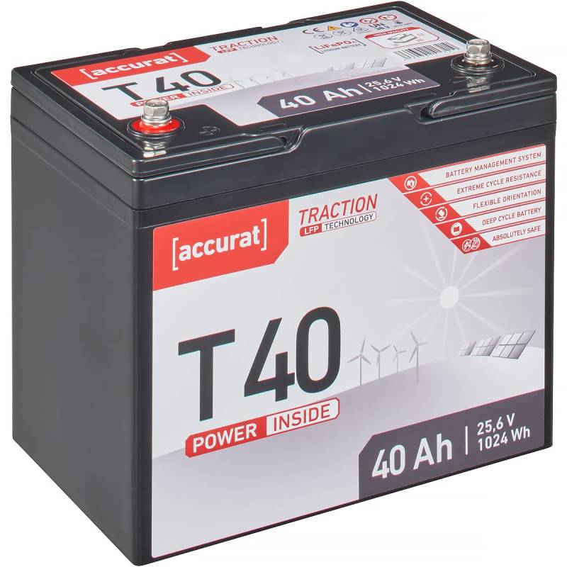 Accurat Traction LiFePO4 Batterie T40-24V, 40Ah - Lithium-Eisenphosphat Versorgungsbatterie, Bootsbatterie, Solarbatterie für Wohnwagen, Wohnmobil, Camper von Accurat