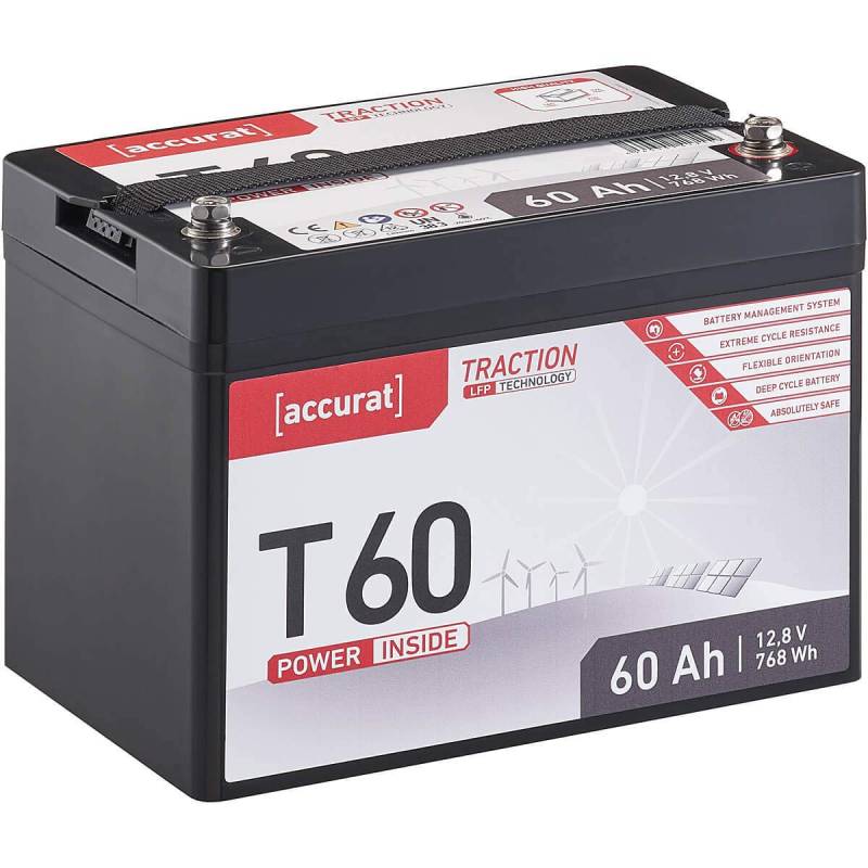 Accurat Traction LiFePO4 Batterie T60-12V, 60Ah - Lithium-Eisenphosphat Versorgungsbatterie, Bootsbatterie, Solarbatterie für Wohnwagen, Wohnmobil, Camper von Accurat