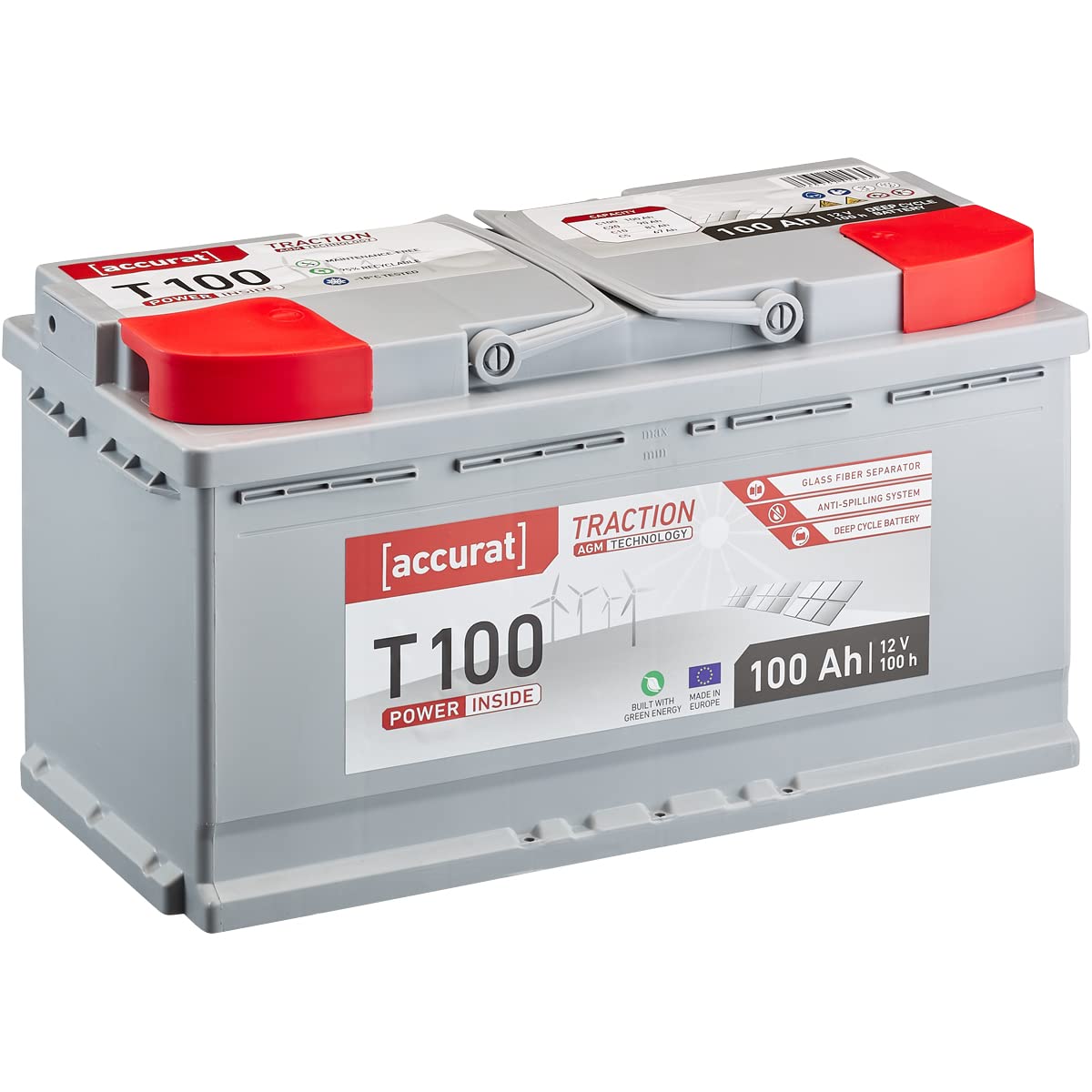 Accurat Traction T100 AGM Batterie - 12V, 100Ah, zyklenfest, bis 30% mehr Kapazität - VRLA Versorgungsbatterie, Bootsbatterie, Solarbatterie für Wohnwagen, Wohnmobil, Camper von Accurat