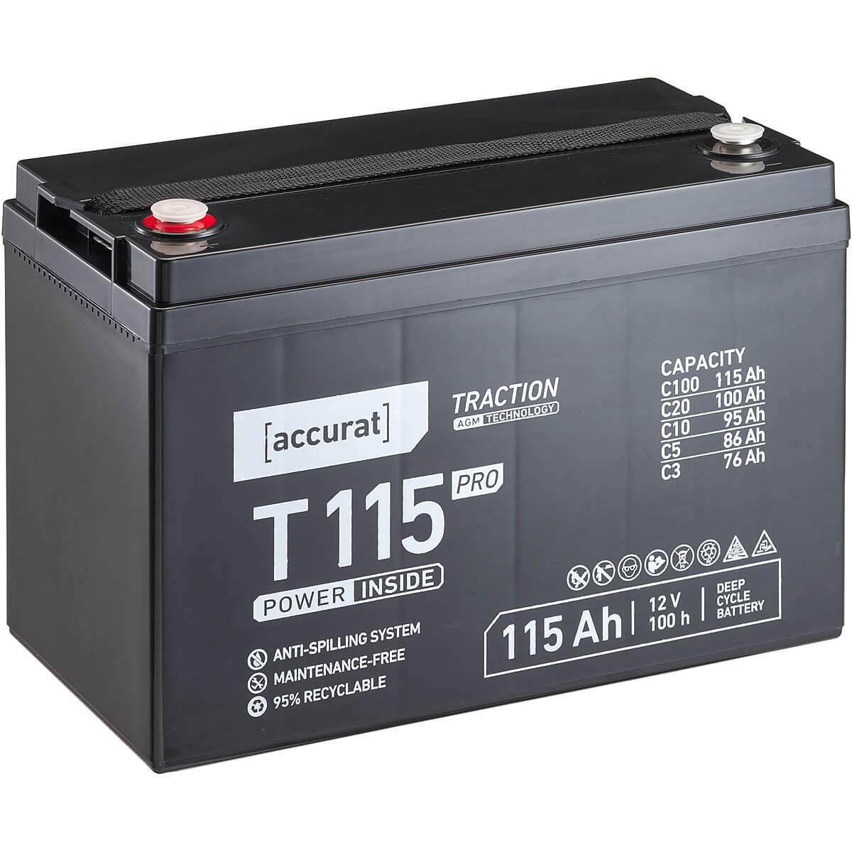 Accurat Traction T115 Pro AGM Bleiakku- 12V, 115Ah, +30% Startleistung, wartungsfrei, zyklenfest -VRLA Batterie, Bootsbatterie,USV Batterie,Versorgungsbatterie, Solarbatterie,Blei Batterie für Camping von Accurat