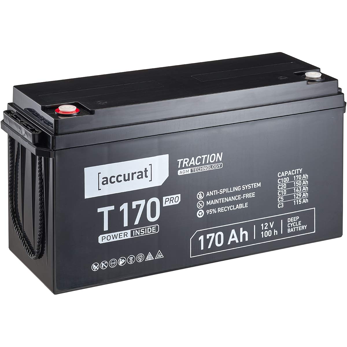 Accurat Traction T170 Pro AGM Bleiakku -12V, 170Ah, +30% Startleistung, wartungsfrei, zyklenfest -VRLA Batterie, Bootsbatterie,USV Batterie,Versorgungsbatterie, Solarbatterie,Blei Batterie für Camping von Accurat