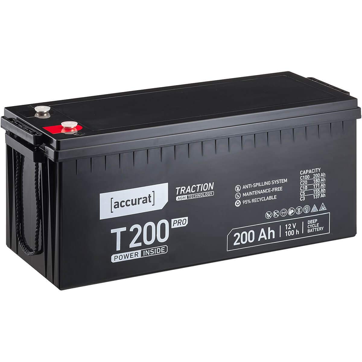 Accurat Traction T200 Pro AGM Bleiakku -12V, 200Ah, +30% Startleistung, wartungsfrei, zyklenfest -VRLA Batterie, Bootsbatterie,USV Batterie,Versorgungsbatterie, Solarbatterie,Blei Batterie für Camping von Accurat