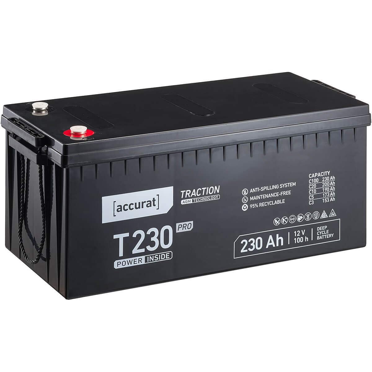 Accurat Traction T230 Pro AGM Bleiakku -12V, 230Ah, +30% Startleistung, wartungsfrei, zyklenfest -VRLA Batterie, Bootsbatterie,USV Batterie,Versorgungsbatterie, Solarbatterie,Blei Batterie für Camping von Accurat