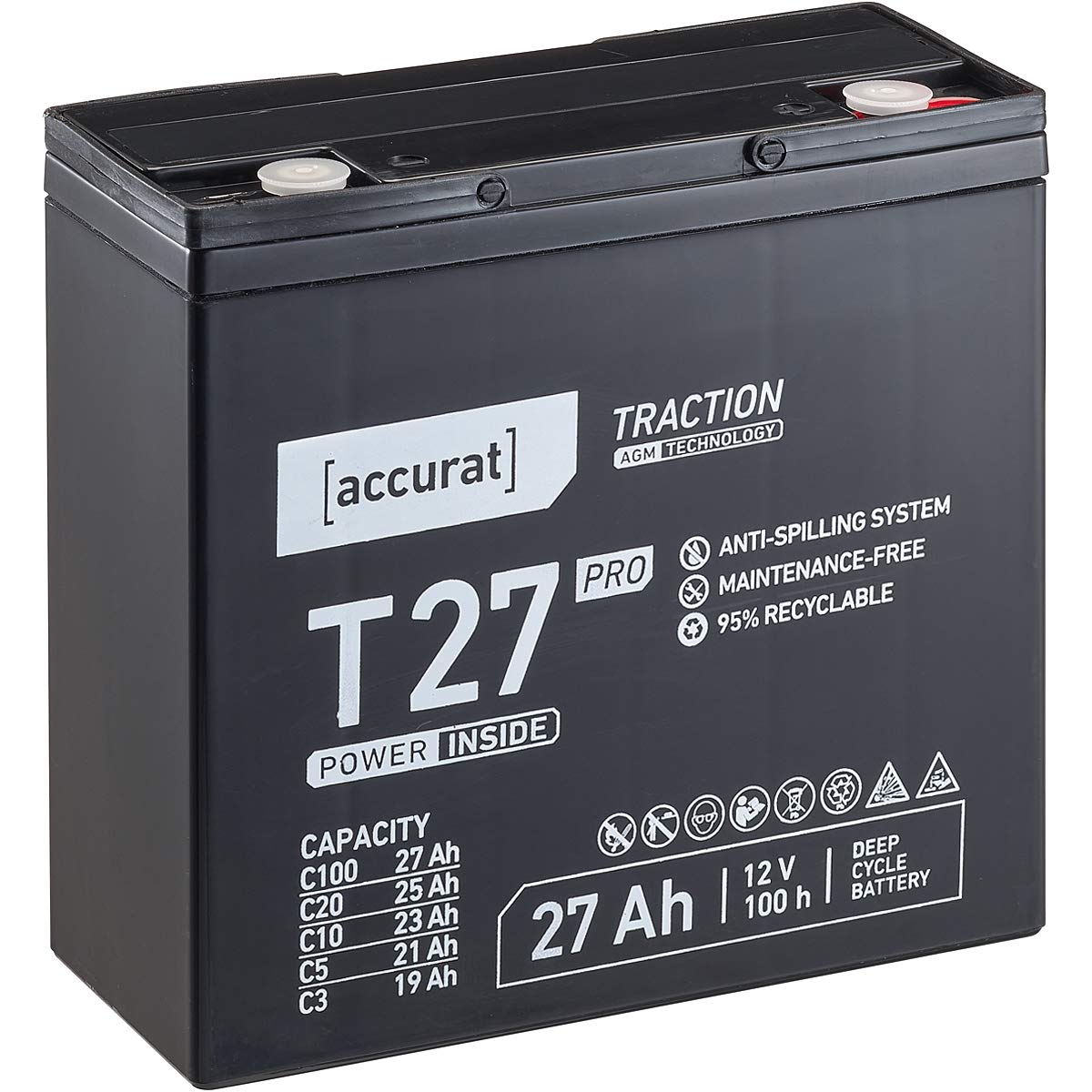 Accurat Traction T27 Pro AGM Bleiakku -12V, 27Ah, +30% Startleistung, wartungsfrei, zyklenfest -VRLA Batterie, Bootsbatterie, USV Batterie, Versorgungsbatterie, Solarbatterie,Blei Batterie für Camping von Accurat