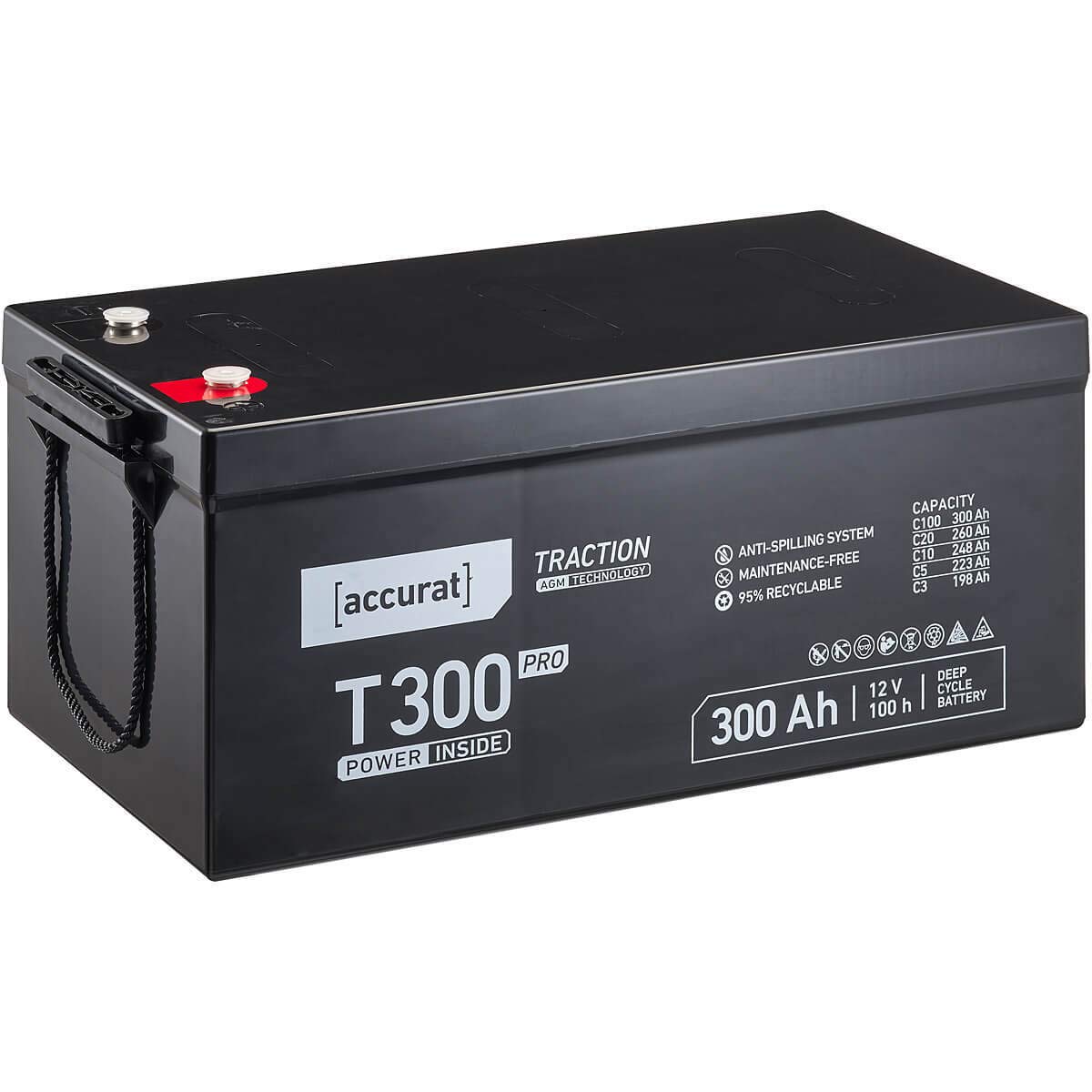 Accurat Traction T300 Pro AGM Bleiakku -12V, 300Ah, +30% Startleistung, wartungsfrei, zyklenfest -VRLA Batterie, Bootsbatterie,USV Batterie,Versorgungsbatterie, Solarbatterie,Blei Batterie für Camping von Accurat