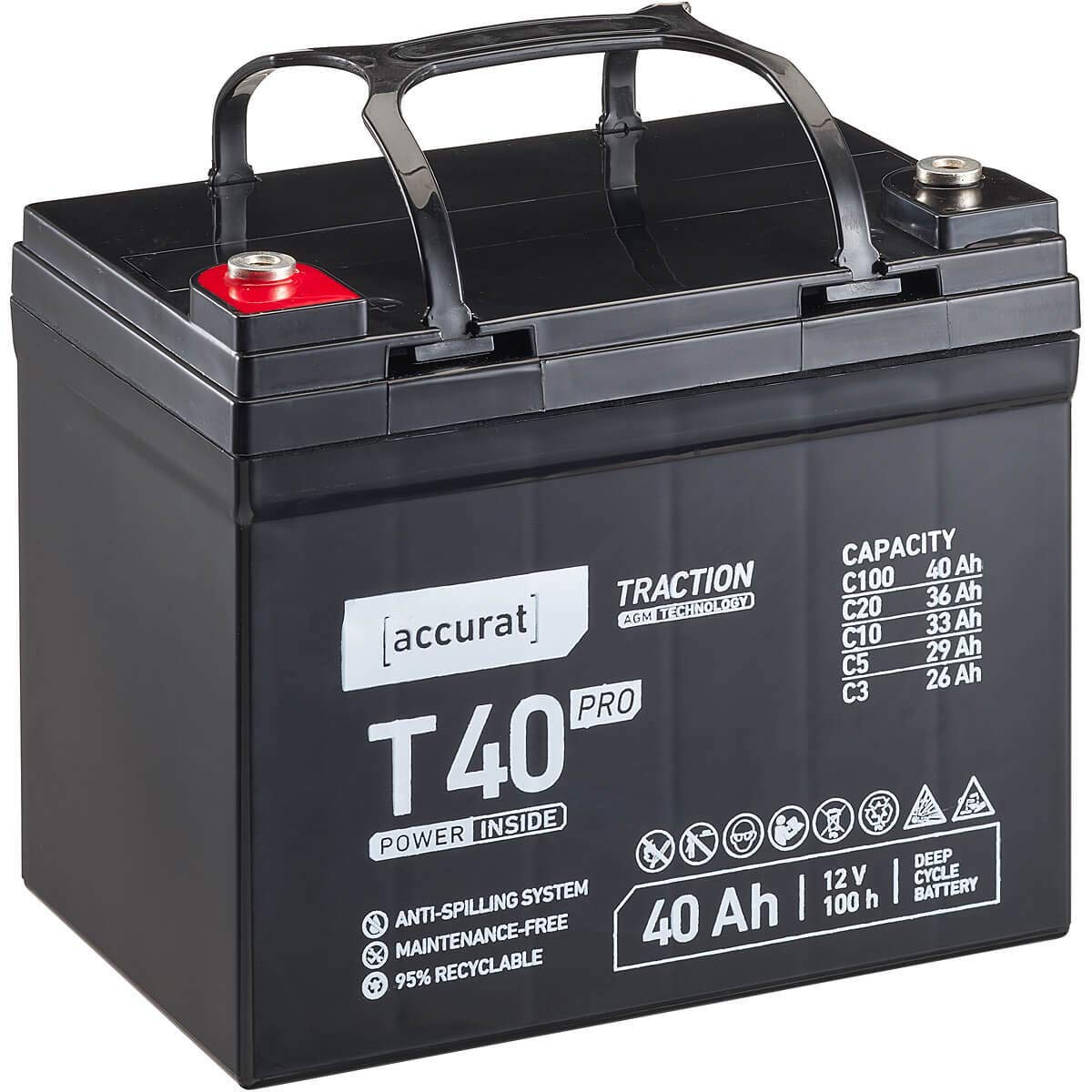 Accurat Traction T40 Pro AGM Bleiakku -12V, 40Ah, +30% Startleistung, wartungsfrei, zyklenfest -VRLA Batterie, Bootsbatterie, USV Batterie, Versorgungsbatterie, Solarbatterie,Blei Batterie für Camping von Accurat