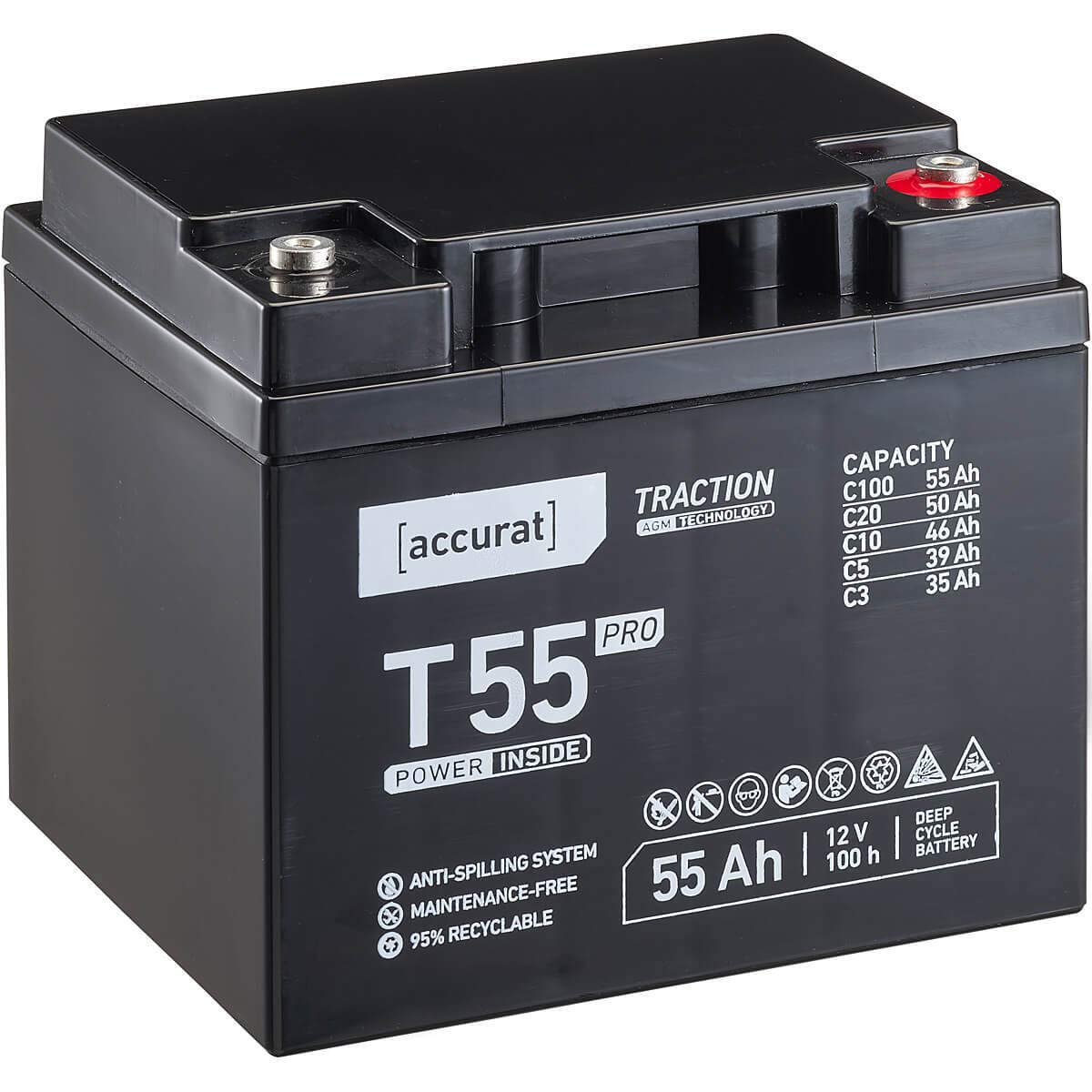 Accurat Traction T55 Pro AGM Bleiakku -12V, 55Ah, +30% Startleistung, wartungsfrei, zyklenfest -VRLA Batterie, Bootsbatterie, USV Batterie, Versorgungsbatterie, Solarbatterie,Blei Batterie für Camping von Accurat