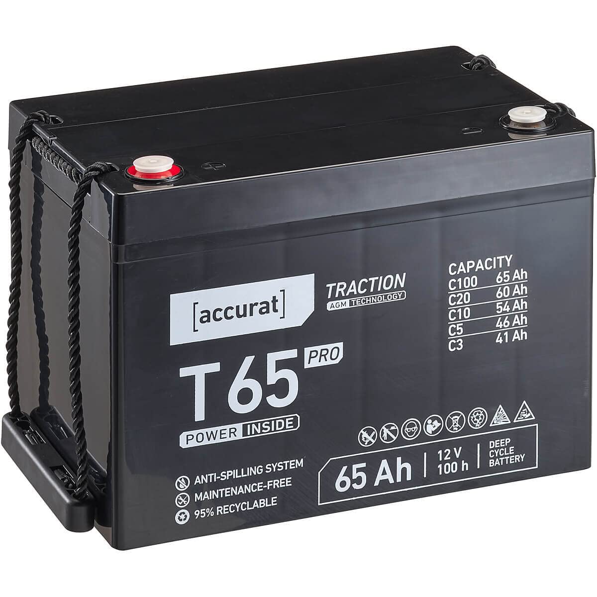 Accurat Traction T65 Pro AGM Bleiakku - 12V, 65Ah, +30% Startleistung, wartungsfrei, zyklenfest -VRLA Batterie, Bootsbatterie, USV Batterie,Versorgungsbatterie, Solarbatterie,Blei Batterie für Camping von Accurat