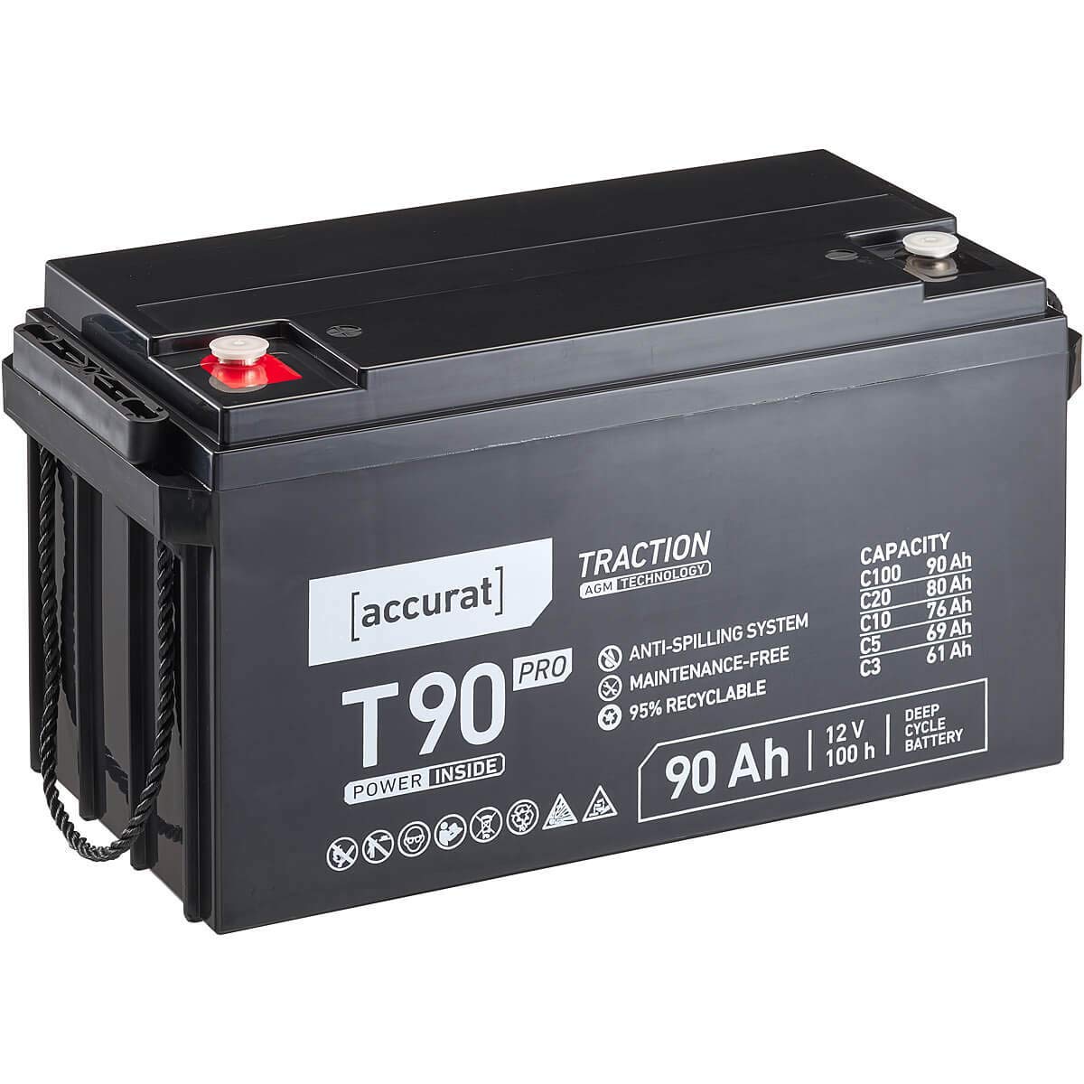 Accurat Traction T90 Pro AGM Bleiakku- 12V, 90Ah, +30% Startleistung, wartungsfrei, zyklenfest- VRLA Batterie, Bootsbatterie, USV Batterie,Versorgungsbatterie, Solarbatterie,Blei Batterie für Camping von Accurat