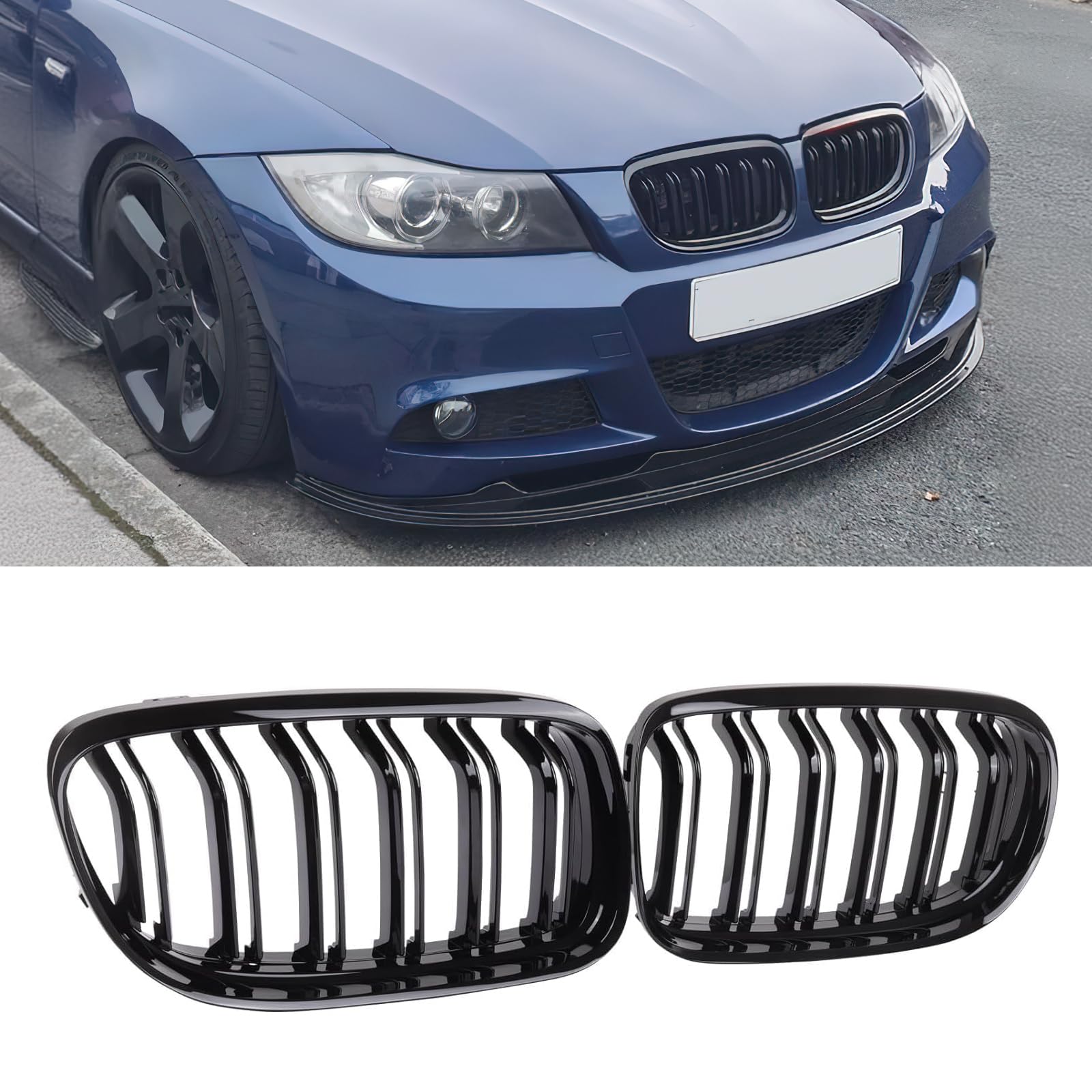 AceRide Kühlergrill für Frontstoßstange, Nierengrill, kompatibel mit BMW 3er-Serie E90 E91 2009 2010 2011 328i 318i 320i 323i 325i 330i 335i Doppellamellen (glänzendes Schwarz) von AceRide