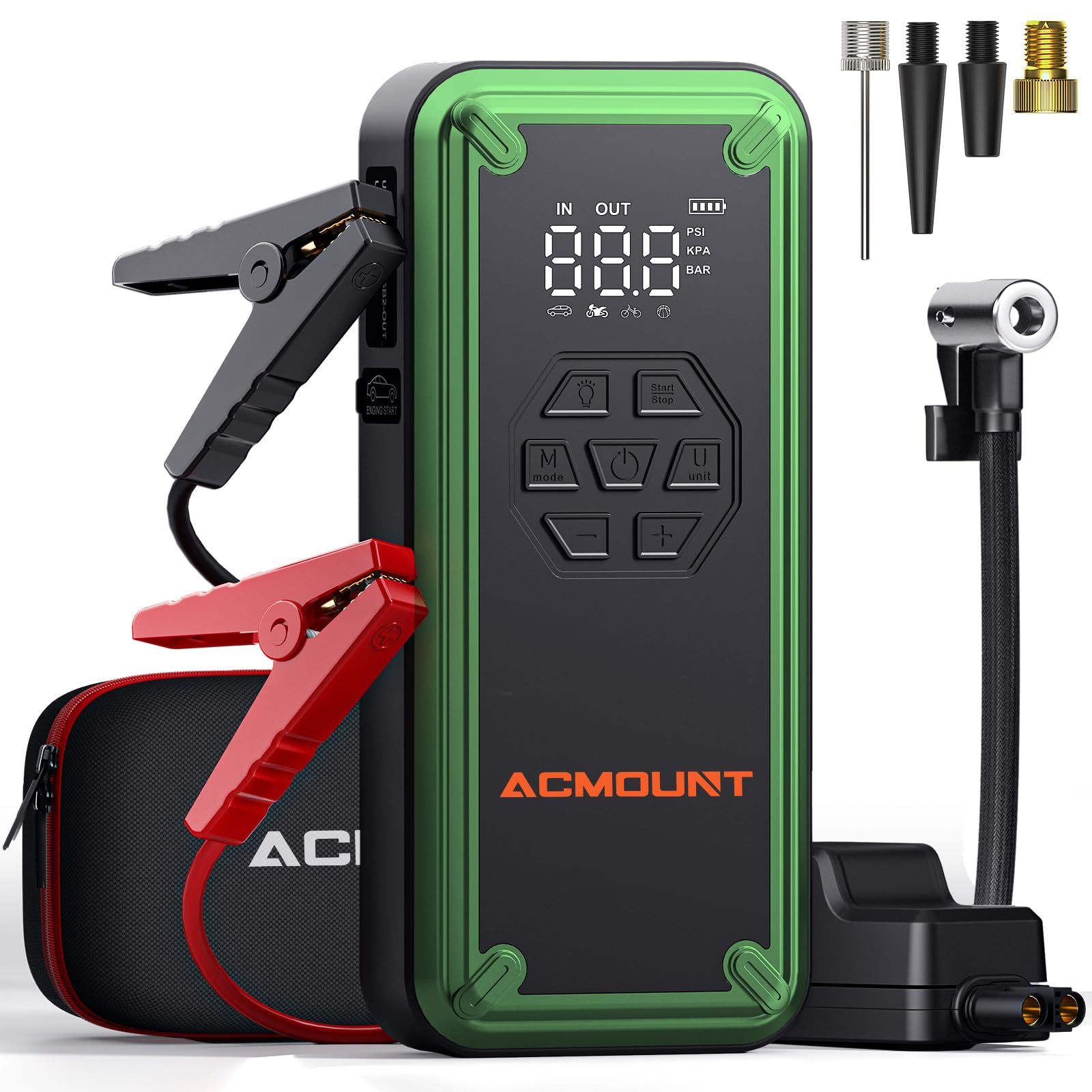 Acmount Starthilfe Power Pack mit Reifenfüller Luftkompressor, 12V 3000A Autobatterie Booster Starthilfe, Tragbare 150PSI Autoreifenfüller mit LCD-Display, 9.0 Gas/8.0L Diesel, LED (Grün) von Acmount