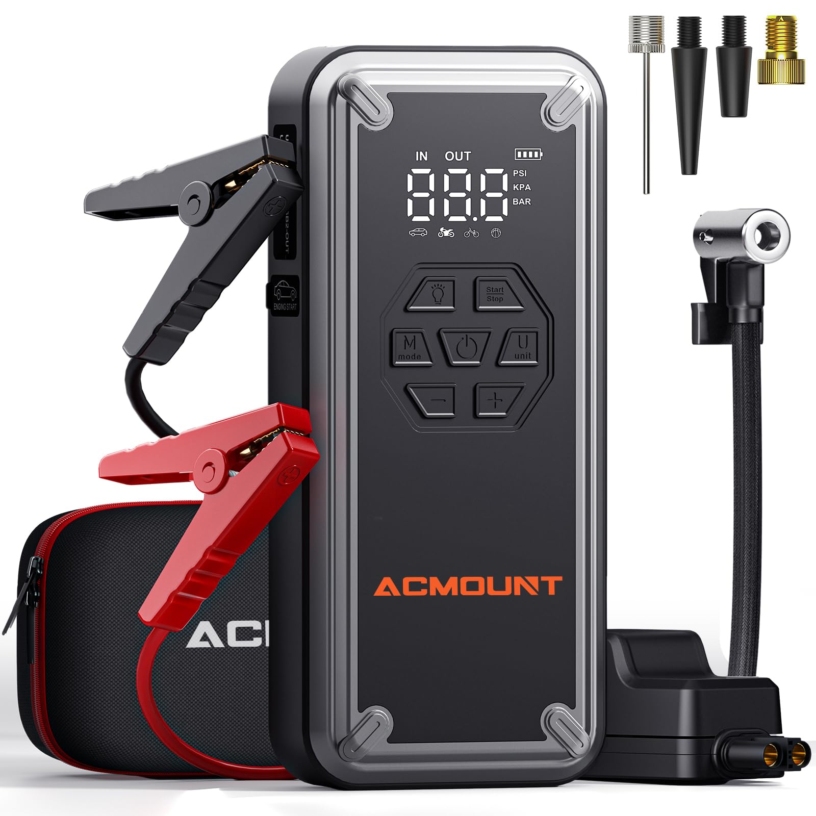 ACMOUNT Starthilfe Powerbank mit 150 PSI Kompressor Reifenfüller für Pkw, 12V 4000A Booster Auto Starthilfe Powerbank, Autoreifenfüller mit LCD-Display, LED, USB(9L Benzin/8L Diesel) von Acmount