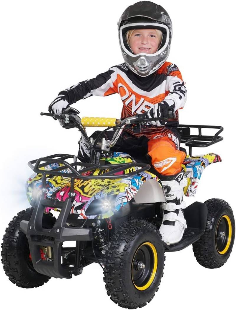 Actionbikes Motors Kinder Elektro Miniquad ATV Torino | 𝟭𝟬𝟬𝟬 Watt 36 Volt - Scheibenbremsen - Umweltfreundlicher Elektromotor - LED-Scheinwerfer - Kinder Quad (1000 Watt Gelb Graffiti) von Actionbikes Motors