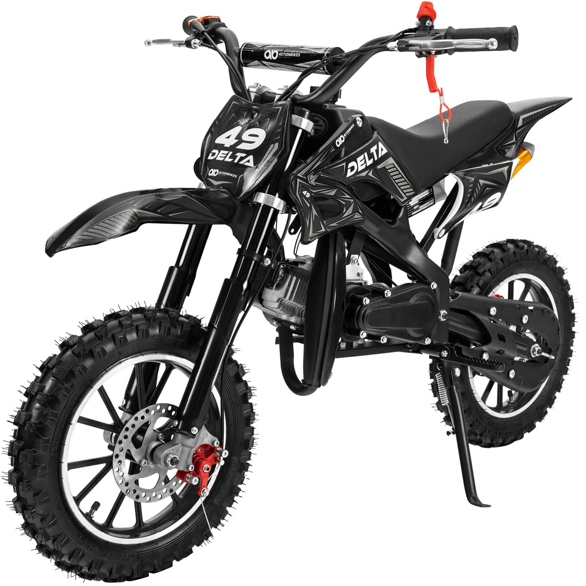 Actionbikes Motors Kinder Mini Elektro Crossbike Delta 49cc | 2-Takt 49ccm Motor - Scheibenbremsen - Bis zu 35-40 km/h- Pocket Bike - Motorrad - Motocross - Dirtbike - Enduro (Schwarz) von Actionbikes Motors