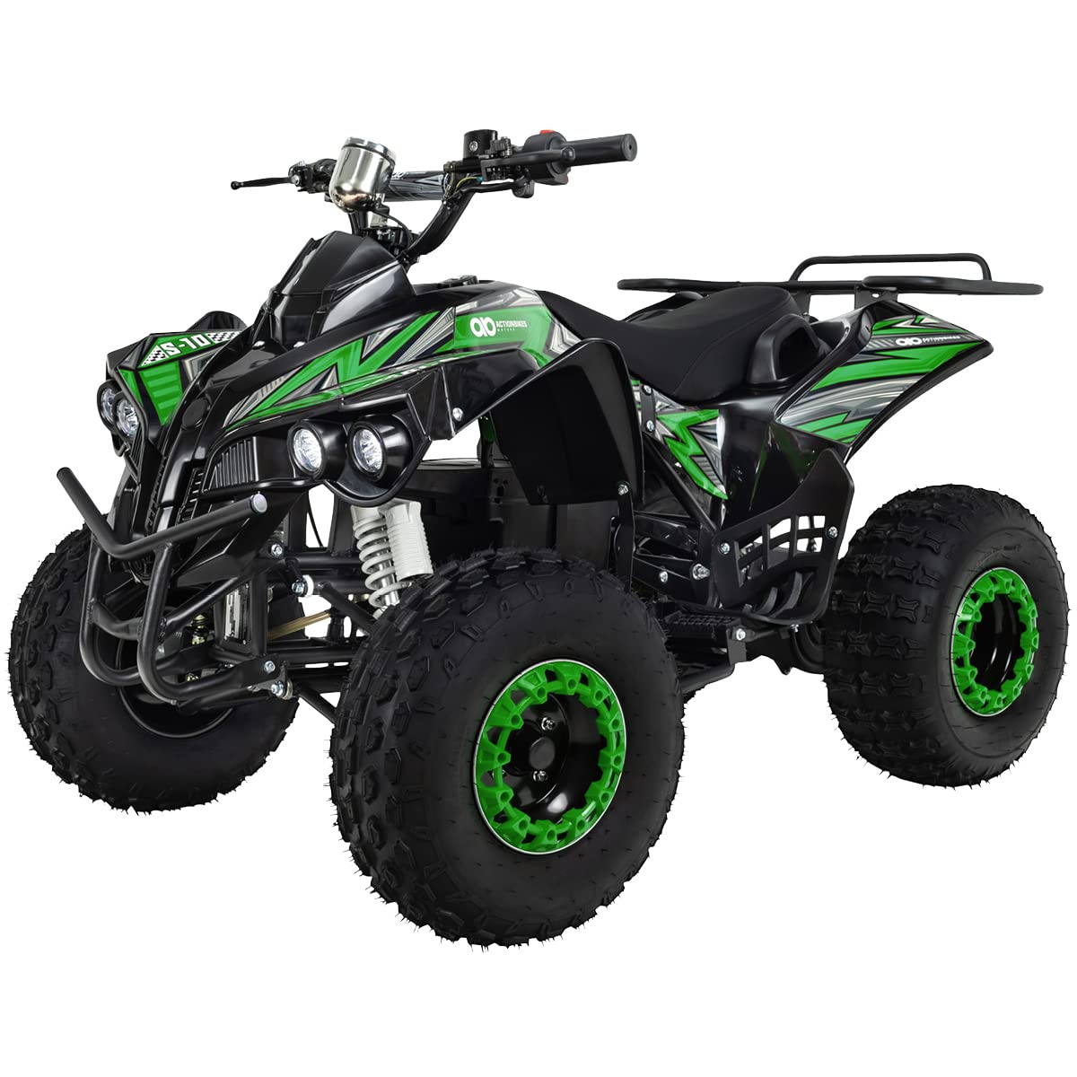 Actionbikes Motors Kinder Quad Elektro ATV S-10 | 𝟒𝟖 Volt 𝟭𝟬𝟬𝟬 Watt Motor bis 𝟐𝟬 km/h - Kinderquad - Pocket Quad - Miniquad - Scheibenbremsen - Für Kinder ab 8 Jahren (Schwarz/Grün) von Actionbikes Motors