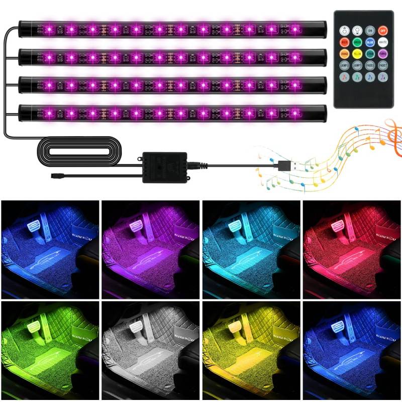 Adiwo LED Innenbeleuchtung Auto,48 LEDs Auto LED Streifen 8 Farben LED Atmosphäre Licht Auto Zubehör LED Strip Ambientebeleuchtung mit Soundsensor Fernbedienung -USB von Adiwo