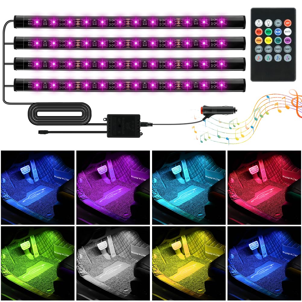 Adiwo LED Innenbeleuchtung Auto,48 LEDs Auto LED Streifen 8 Farben LED Atmosphäre Licht Auto Zubehör LED Strip Ambientebeleuchtung mit Soundsensor Fernbedienung -Zigarettenanzünder von Adiwo