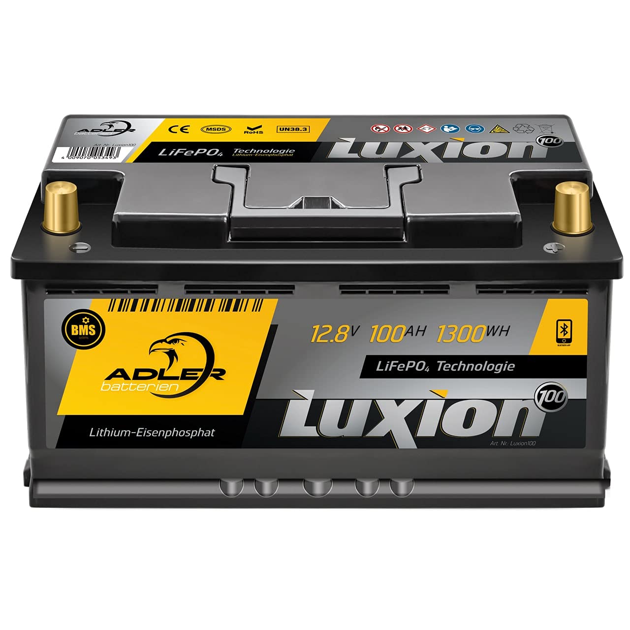 LuxION Lithium LiFePO4 Batterie 12V 100Ah inkl. Smart BMS für Wohnmobil, Solar, Boote, Golfwagen, USV, Notstrom, Alarmsysteme, Antrieb und Beleuchtung von ADLER batterien