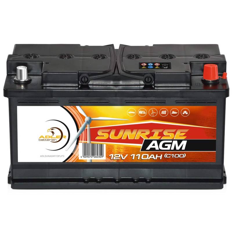 Solarbatterie AGM 12V 110Ah SUNRISE Versorgungsbatterie Wohnmobil Batterie 100Ah von Adler Sunrise