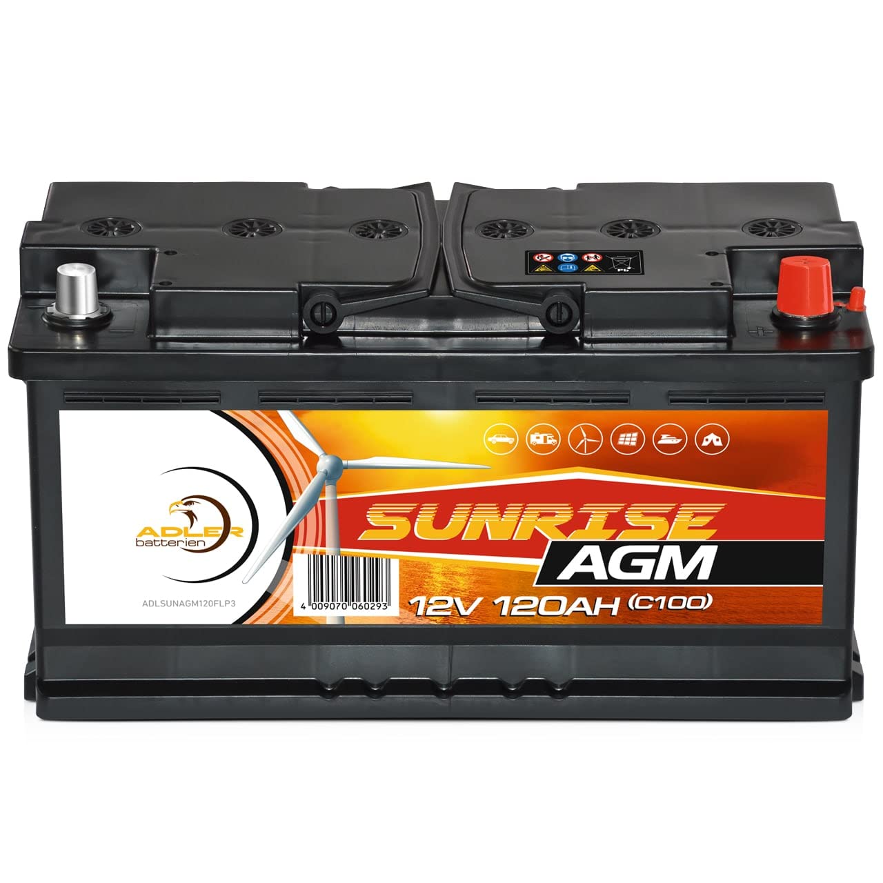 Solarbatterie AGM 12V 120Ah SUNRISE Wohnmobil Versorgungsbatterie Bootsbatterie von Adler Sunrise