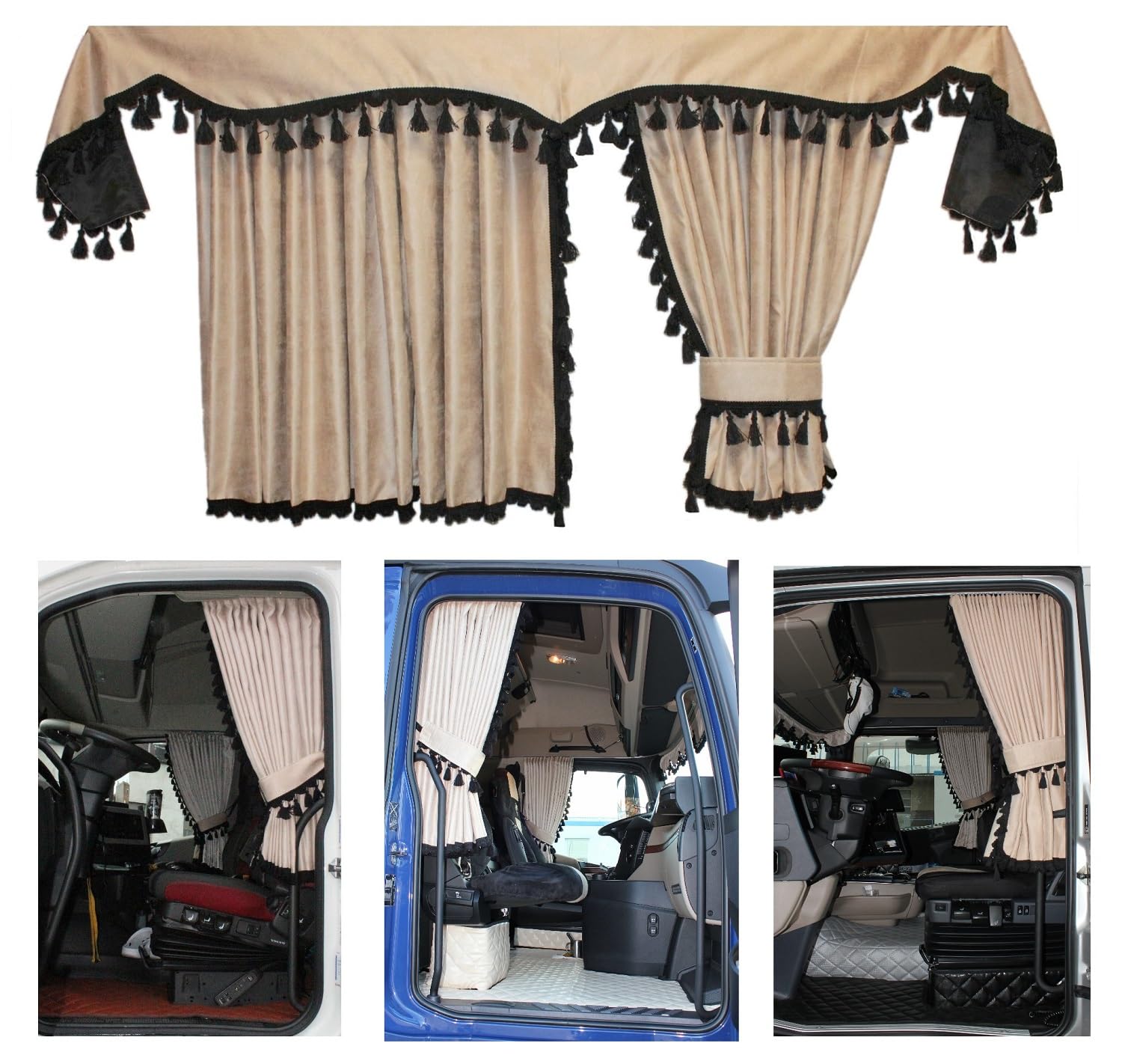 LKW Gardinen, Cab Curtain für Volvo FH4 und FH5 Fahrerhaus, beige - schwarz von Adomo