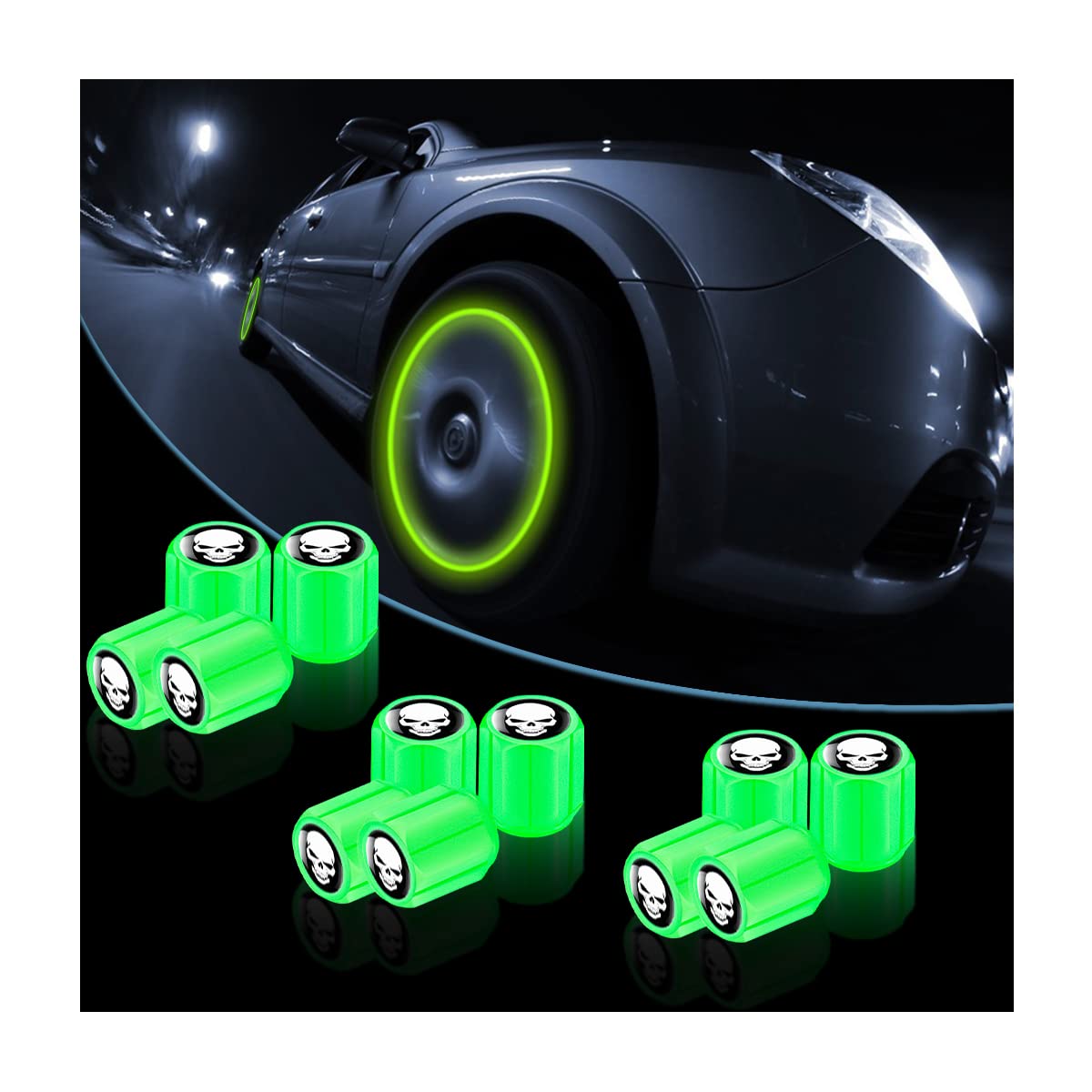 Adunsiaoto 12 Stück Luminous Tyre Valve Caps, Fluoreszierende Autoreifen Ventilkappen, Autoventil Kappe Leuchtend, Noctiluzous Auto-Reifenventilkappen(Grün) von Adunsiaoto