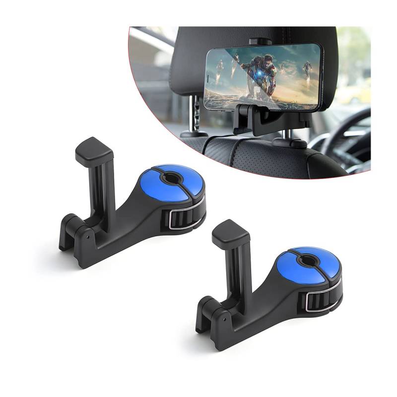 Adunsiaoto 2 Stück Auto Haken Kopfstütze für Autositze, 360 ° Rotation Versteckte Autositzhaken, 2-in-1 Heckhaken für Autositze mit Handyhalterung, Accessories(Blau) von Adunsiaoto