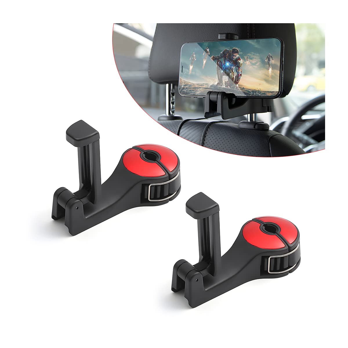 Adunsiaoto 2 Stück Auto Haken Kopfstütze für Autositze, 360 ° Rotation Versteckte Autositzhaken, 2-in-1 Heckhaken für Autositze mit Handyhalterung, Accessories(Rot) von Adunsiaoto