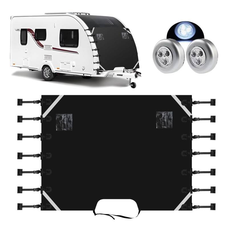 Universal Front Towing Cover Wohnwagen Frontabdeckung mit 2 LED-Leuchten, 210 x 180 cm Wohnwagen Abdeckung, wasserdichter Oxford-Stoff, Schutzabdeckungen, Zubehör mit reflektierenden Streifen von Aedcbaide