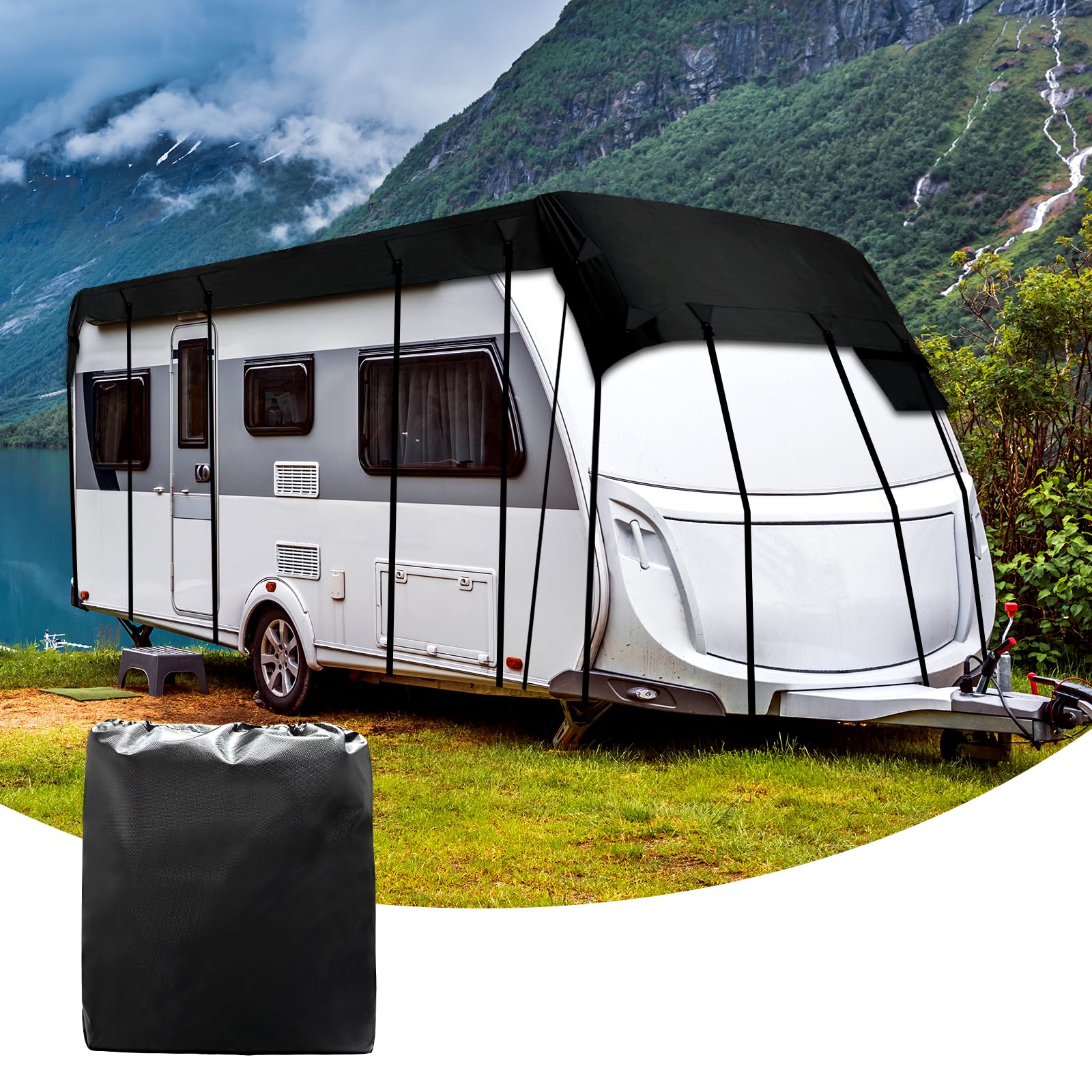 Wohnwagen Schutzhülle Wasserdicht, Universal 210D Wohnwagen Abdeckung, Atmungsaktive Wohnmobilabdeckungen Frost UV Protector Abdeckplane Wohnwagen Schutzdach mit Einziehbaren Riemen für Camper Reisen von Aedcbaide