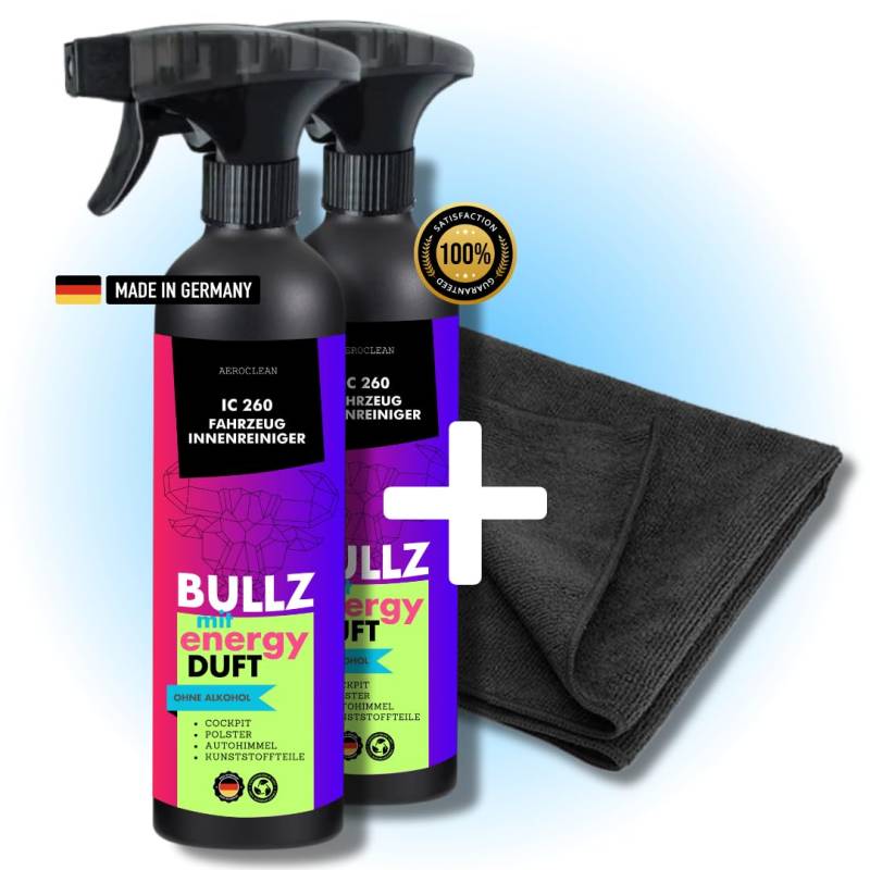 Aeroclean IC 260 BULLZ Auto Innenreiniger Cockpitpflege mit Energy Duft - pflegt und konserviert - für Armaturen, Polster, Kunststoffteile (2er Set mit Tuch) von Aeroclean