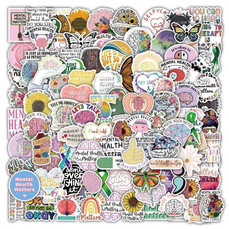 Mental Health Aufkleber für Laptop (100 PCS),Geschenk für Kinder Jugendliche Erwachsene Jungen,Mental Health Stickers Wasserdicht Vinyl Aufkleber für Scrapbook,Skateboard,Auto,Gepäck von Affoto