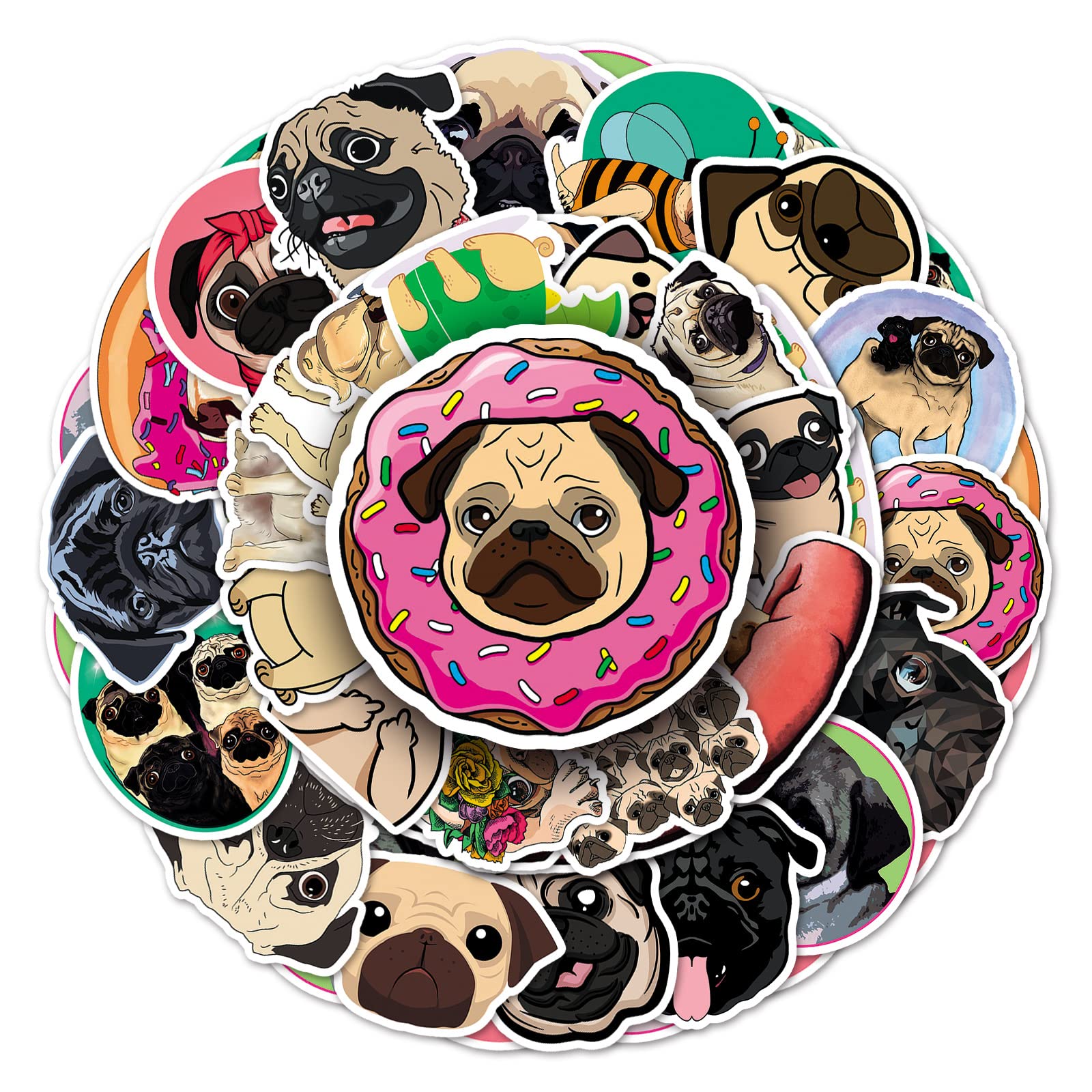 Pug Puppy Aufkleber für Laptop (50 PCS), Geschenk für Kinder Jugendliche Erwachsene Jungen,Cartoon Pug Dog Stickers Wasserdicht Vinyl Aufkleber für Scrapbook,Skateboard,Auto,Gepäck von Affoto