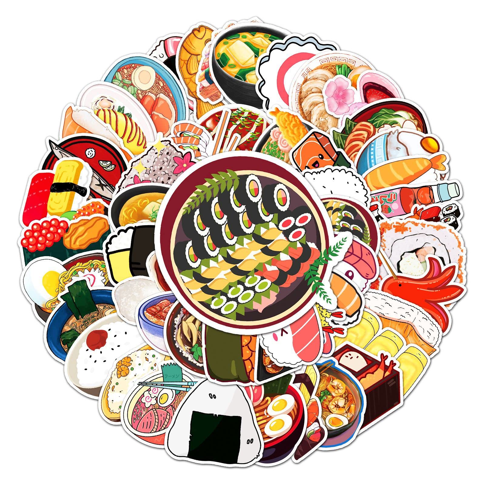 Sushi Aufkleber für Laptop (50 PCS),Geschenk für Kinder Jugendliche Erwachsene Jungen,Japanese Cuisine Stickers Wasserdicht Vinyl Aufkleber für Scrapbook,Skateboard,Auto,Gepäck von Affoto