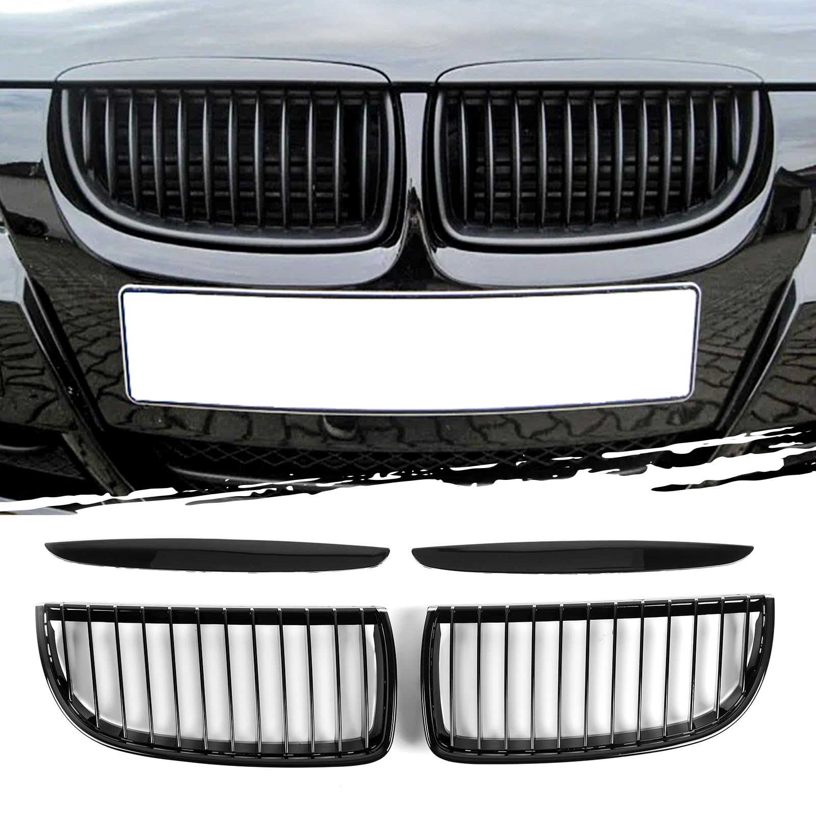 AggAuto Glänzend Schwarz Kühlergrill, Front Nieren 12-Einzelstab, Frontscheinwerfer Augenbrauen Fit für BMW Serie 3, E90/E91, 2005-2008 von AggAuto