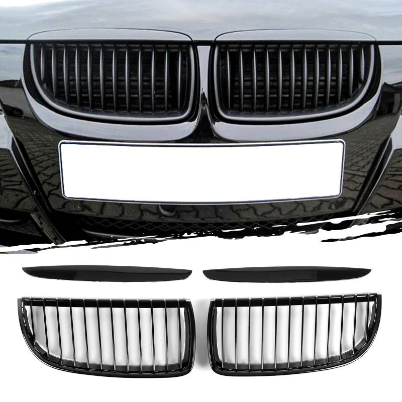 AggAuto Glänzend Schwarz Kühlergrill, Front Nieren 12-Einzelstab, Frontscheinwerfer Augenbrauen Fit für BMW Serie 3, E90/E91, 2005-2008 von AggAuto