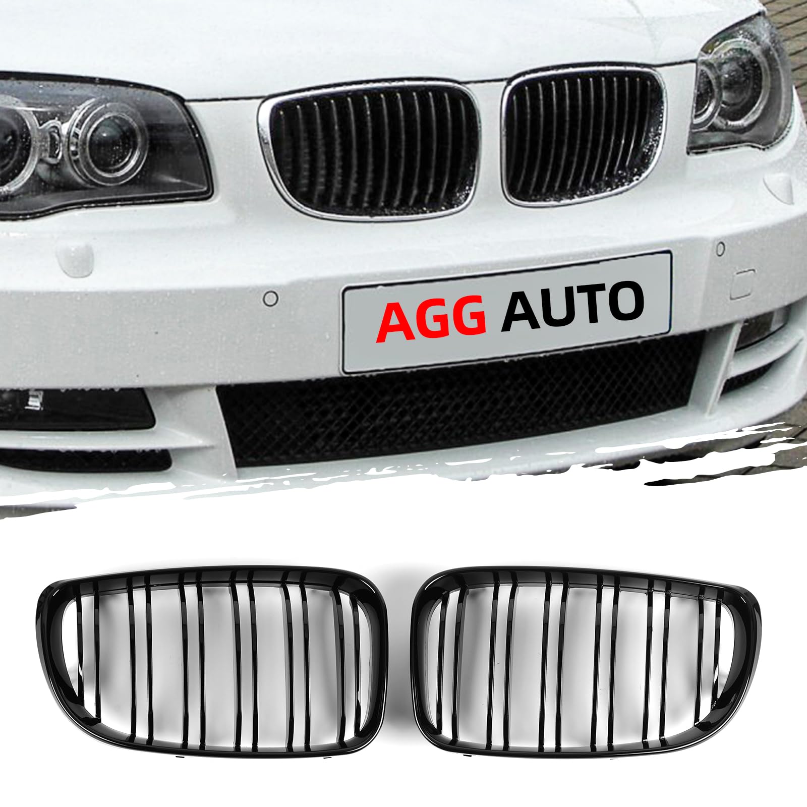 AggAuto Glänzend Schwarz Kühlergrill, Front Nieren 6-Doppelstab für BMW Serie 1, E81/E82/E87/E88, 2008-2011 von AggAuto