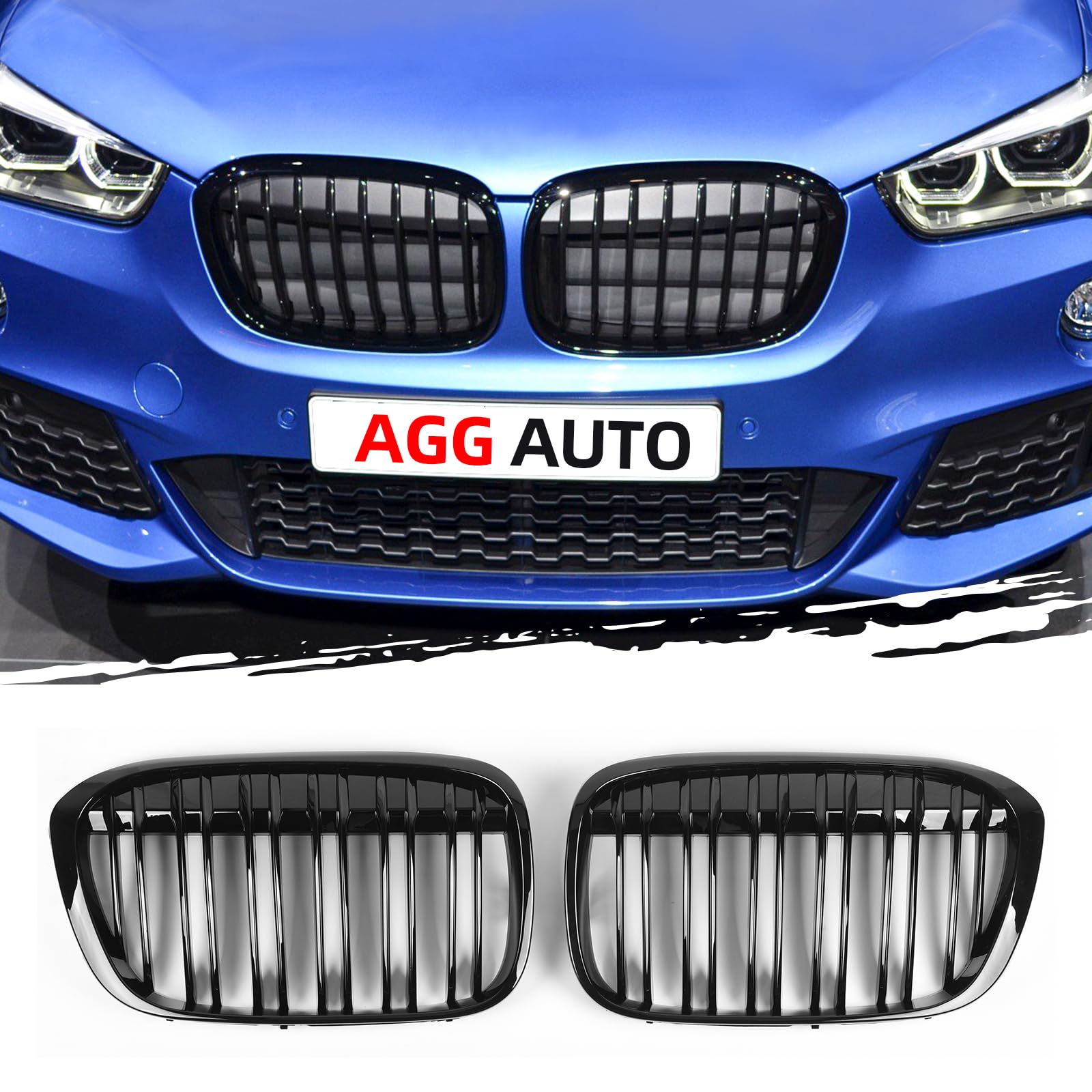 AggAuto Glänzend Schwarz Kühlergrill, Front Nieren 6-Doppelstab für BMW X1, F48/F49, 2016-2019 von AggAuto