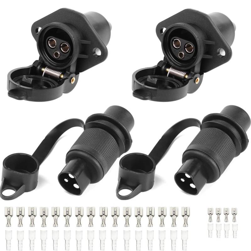 AGRISHOP 2Stück Anhänger Stecker 3polig 12v 24v und 2Stück Steckdose 3-Polig,Wasserfester Traktor Steckdose Stecker 3 polig für LKW RV PKW KFZ,Stecker 3 polig mit Isolierhülse Draht Crimpklemmenblock von AGRISHOP